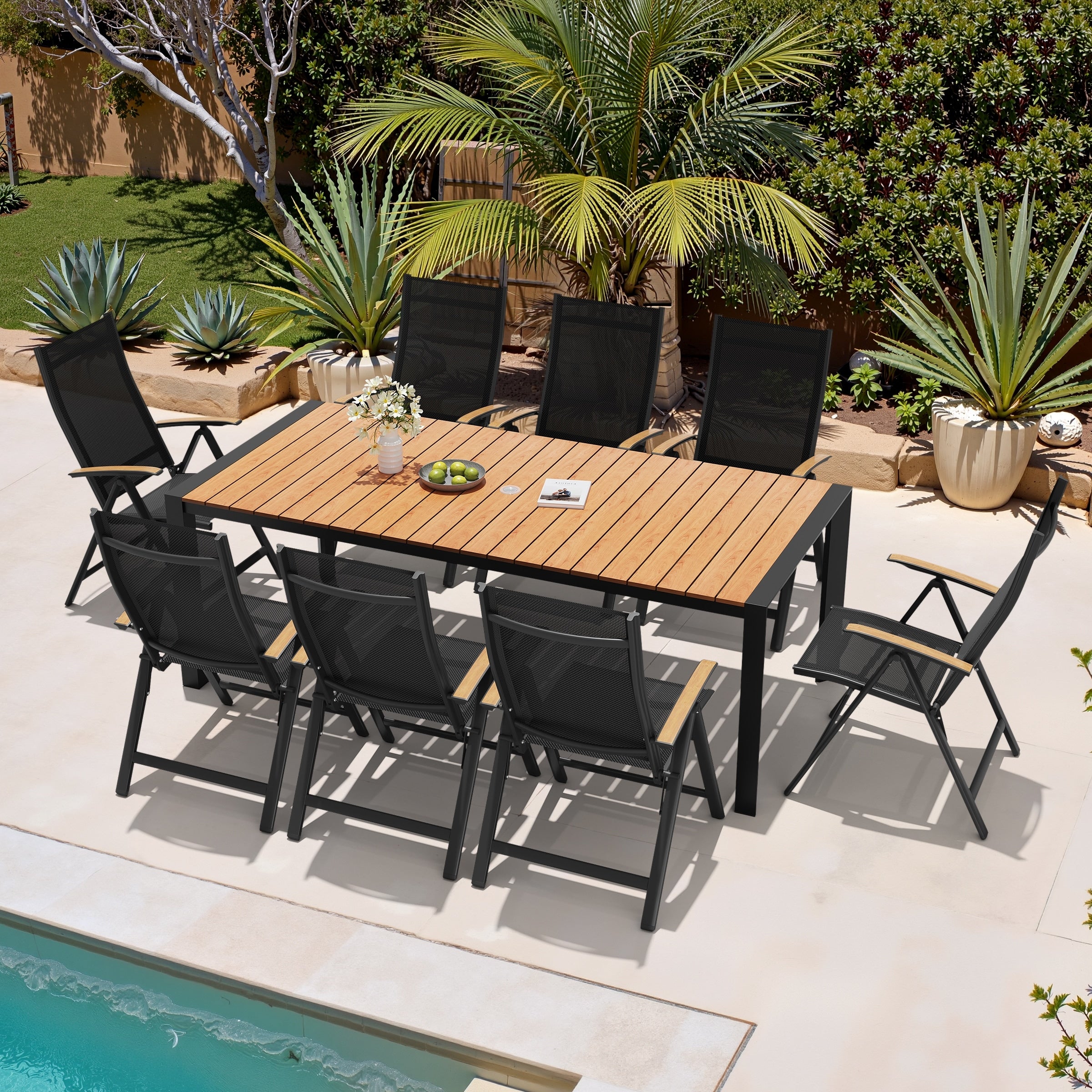 9 Piece Outdoor Patio Dining Set Wood Like Table Top Aluminum Rectangular Umbrella Hole Table With Folding Armrest Chairs