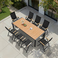 9 Piece Outdoor Patio Dining Set Wood Like Table Top Aluminum Rectangular Umbrella Hole Table With Folding Armrest Chairs
