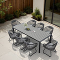 9 Piece Outdoor Patio Dining Set Wood Like Table Top Aluminum Rectangular Umbrella Hole Table With Pe Rattan Chairs