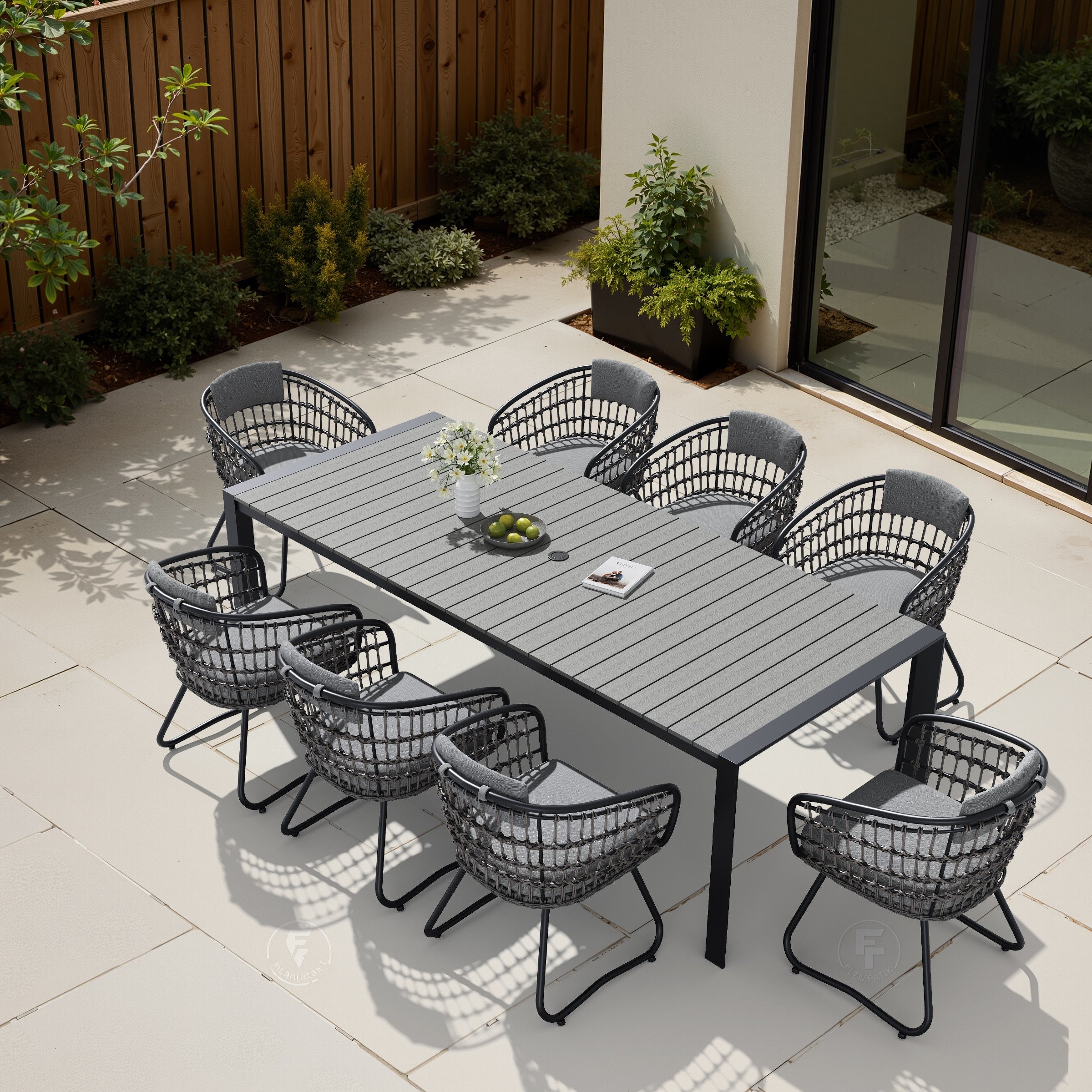 9 Piece Outdoor Patio Dining Set Wood Like Table Top Aluminum Rectangular Umbrella Hole Table With Pe Rattan Chairs