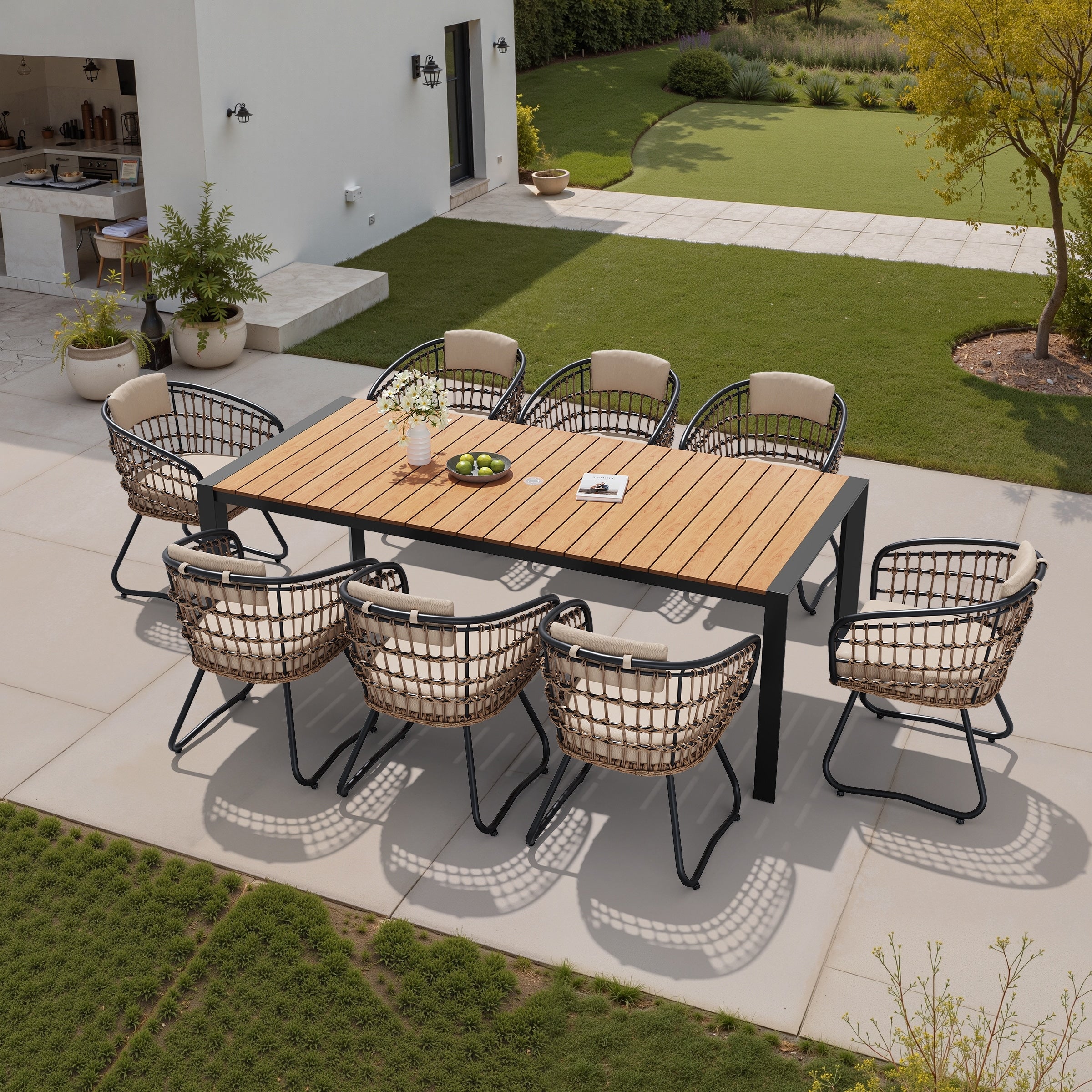 9 Piece Outdoor Patio Dining Set Wood Like Table Top Aluminum Rectangular Umbrella Hole Table With Rattan Chairs