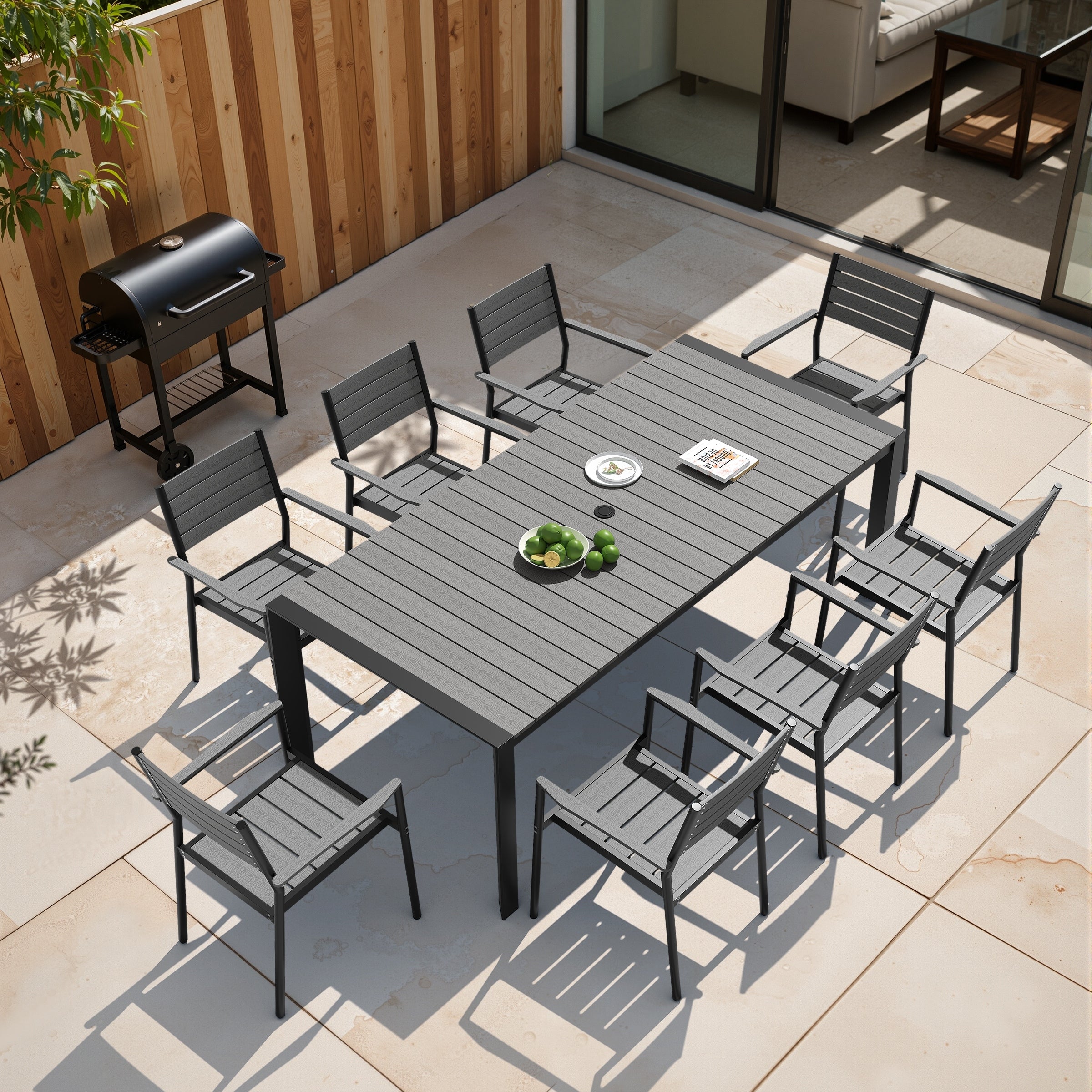 9 Piece Outdoor Patio Dining Set Wood Like Table Top Aluminum Rectangular Umbrella Hole Table With Stackable Armrest Chairs