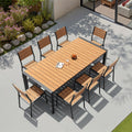 9 Piece Outdoor Patio Dining Set Wood Like Table Top Aluminum Rectangular Umbrella Hole Table With Stackable Chairs