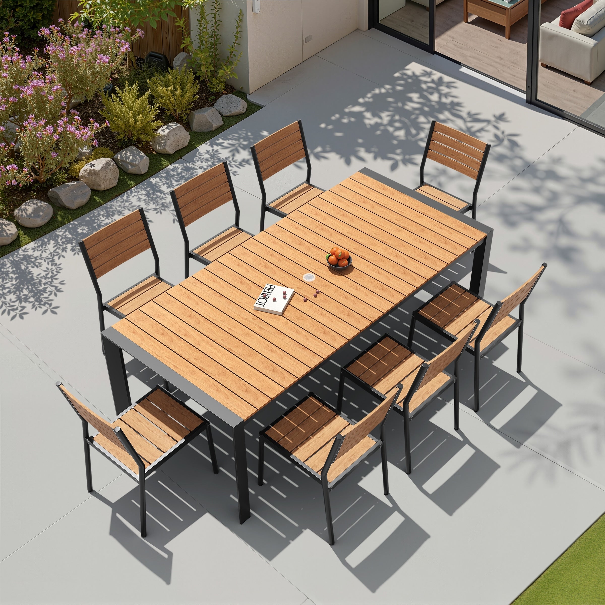 9 Piece Outdoor Patio Dining Set Wood Like Table Top Aluminum Rectangular Umbrella Hole Table With Stackable Chairs