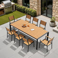 9 Piece Outdoor Patio Dining Set Wood Like Table Top Aluminum Rectangular Umbrella Hole Table With Stackable Dining Chairs