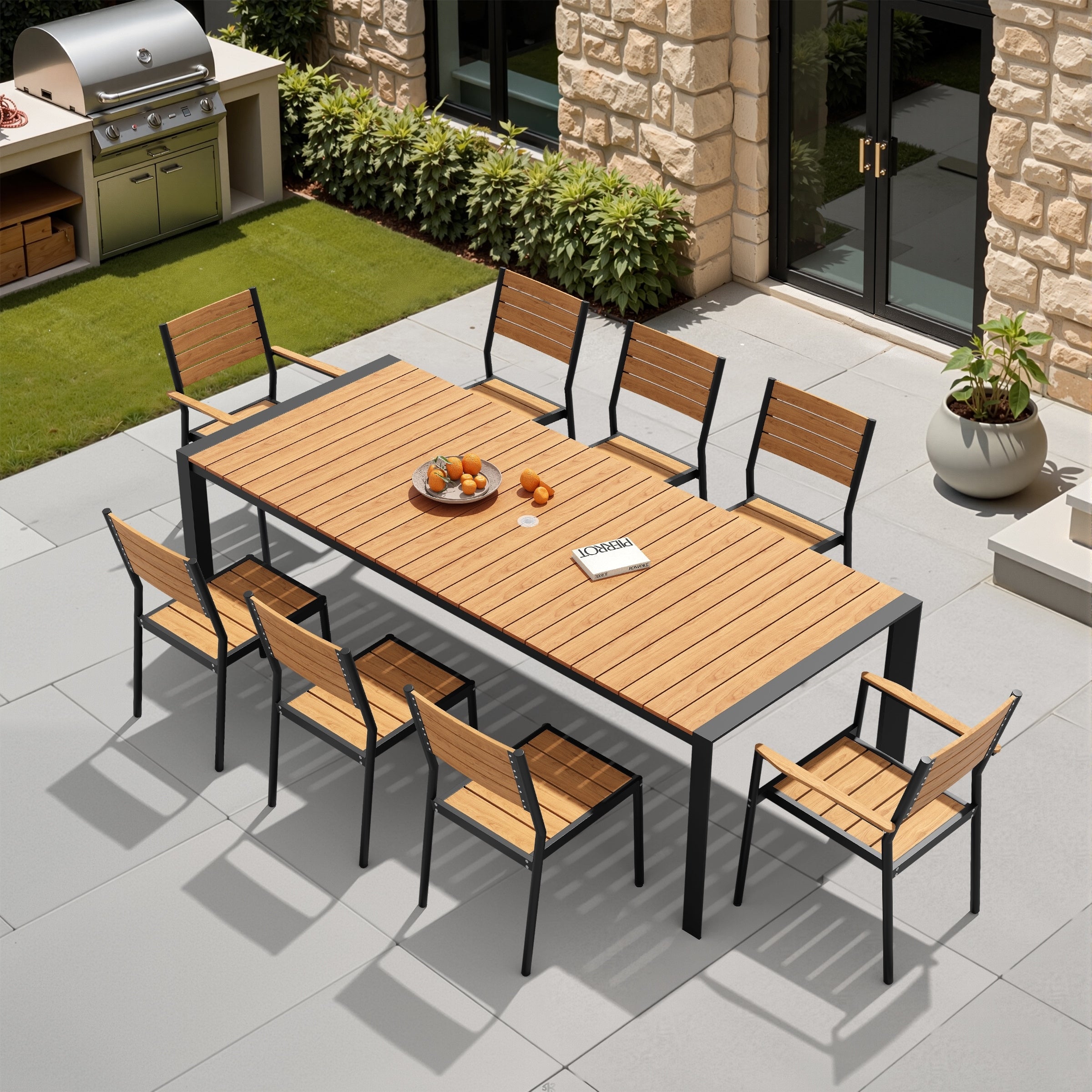 9 Piece Outdoor Patio Dining Set Wood Like Table Top Aluminum Rectangular Umbrella Hole Table With Stackable Dining Chairs