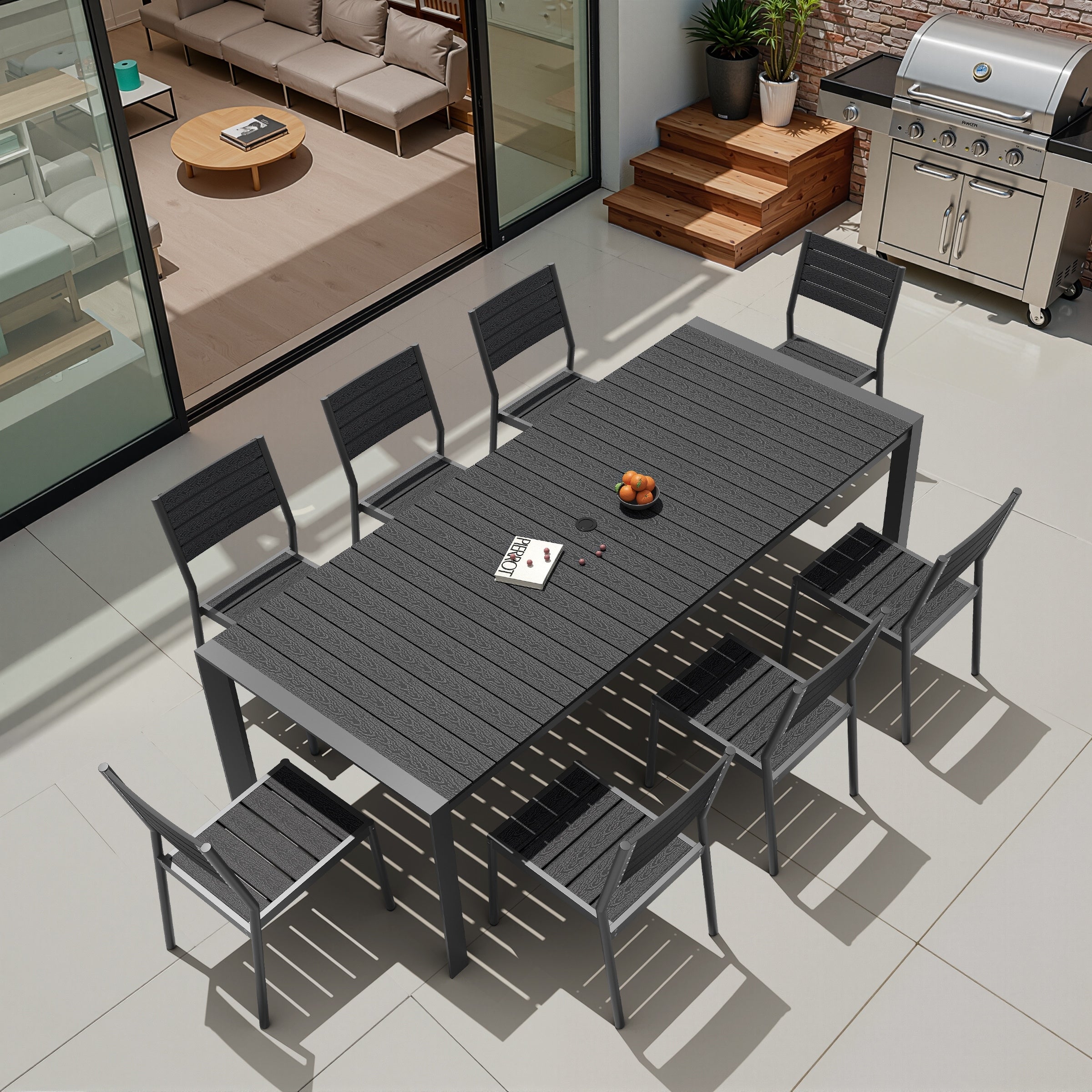9 Piece Outdoor Patio Dining Set Wood Like Table Top Aluminum Rectangular Umbrella Hole Table With Stackable Dining Chairs