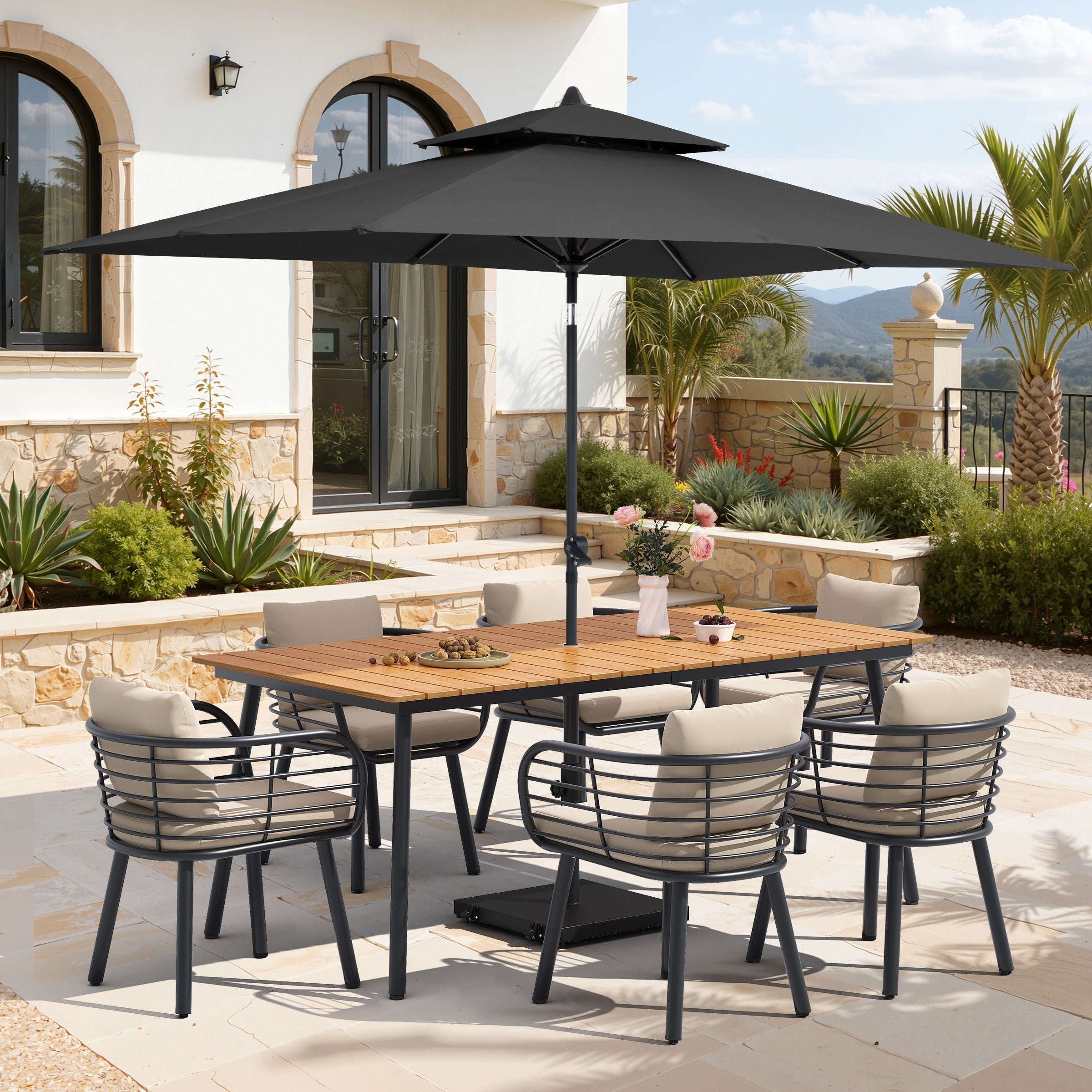 9 Piece Outdoor Patio Dining Set W 10 Ft Umbrella And Base Aluminum Dining Table And Chairs With Sunbrella Cushion