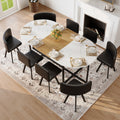 9 Piece Oval Dining Table Set With White Faux Marble And Wood Grain Top And 8 Black Pu Leather Chairs