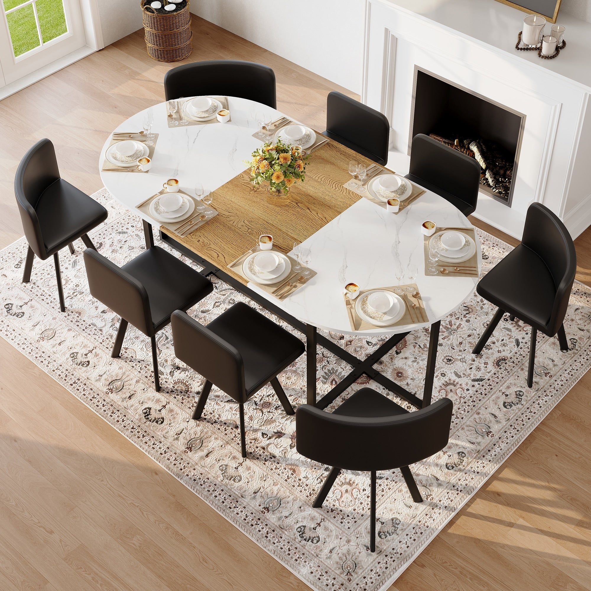 9 Piece Oval Dining Table Set With White Faux Marble And Wood Grain Top And 8 Black Pu Leather Chairs