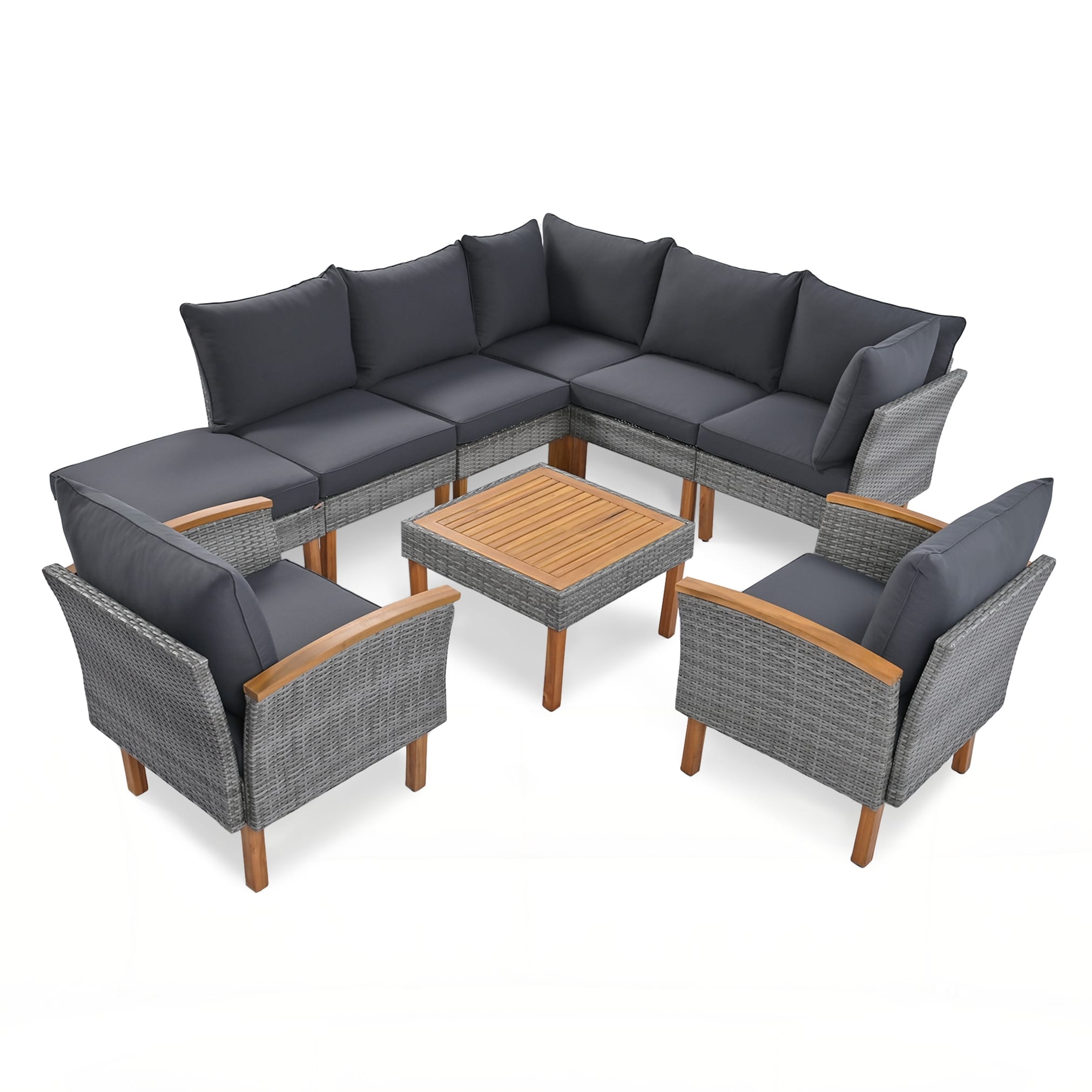 9 Piece Patio Rattan Furniture Set Outdoor Conversation Set With Acacia Wood Legs