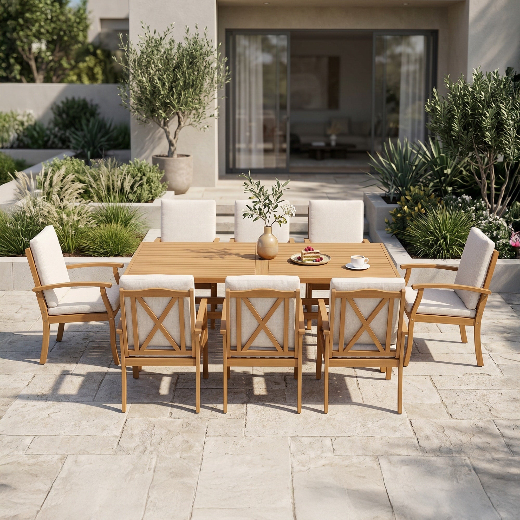 9 Piece Premium Eucalyptus Wood Outdoor Dining Furniture Set With Curved Leg Table Umbrella Hole