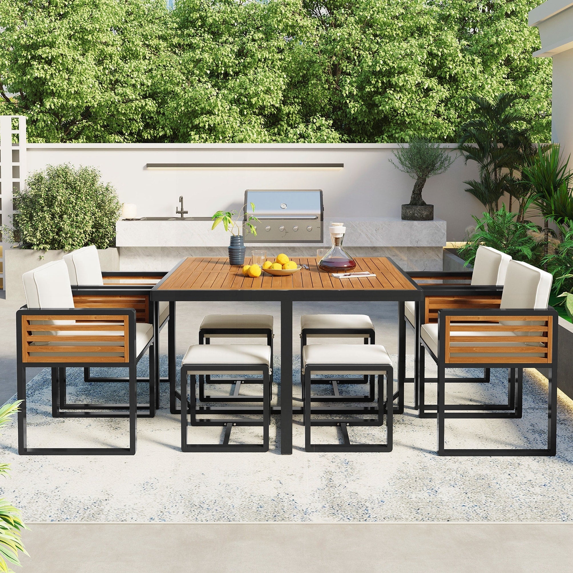 9 Pieces Acacia Wood Patio Dining Set Space Saving Outdoor Patio Set 4 Cushioned Chairs 4 Ottomans 1 Square Table