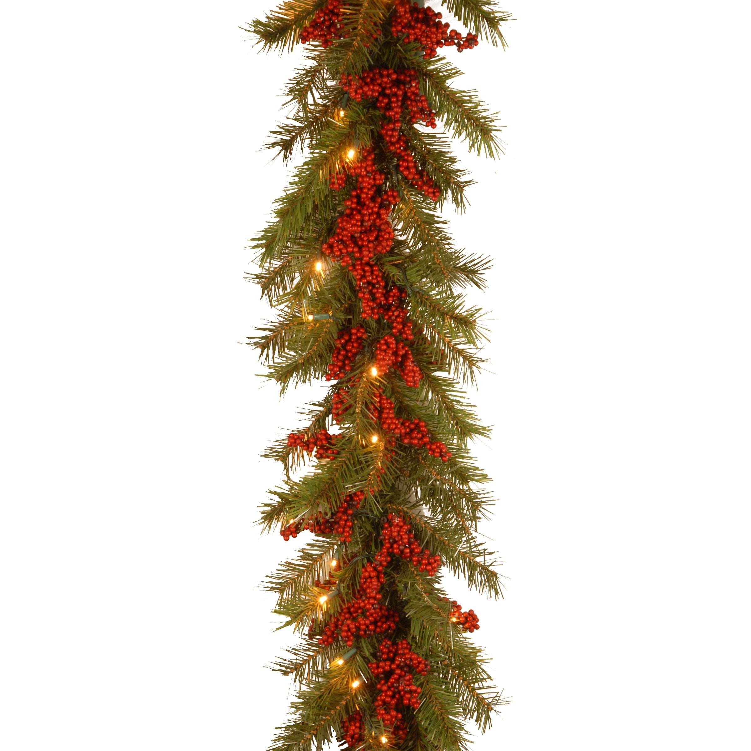 9 Foot X 14 Decorative Collection Valley Pine Garland With Red Berries And 50 Soft White Battery Operat Green