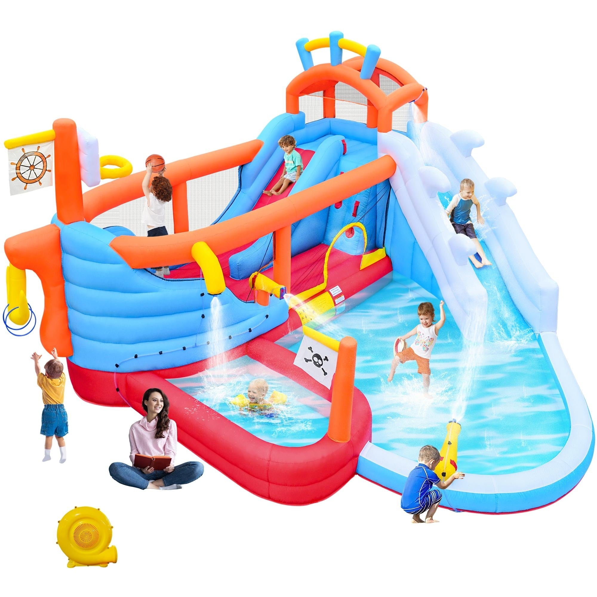 9 In 1 Inflatable Slide Water Park Jump Area Dual Slides Climbing Wall Anchor Ring Toss Basketball Hoop Dual Water Guns Shallow