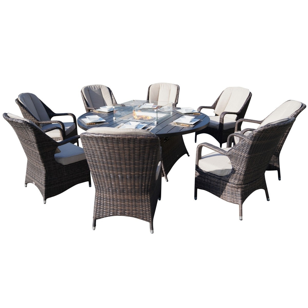 9 Piece Outdoor Wicker Gas Fire Pit Set Patio Round Table With Arm Chairs