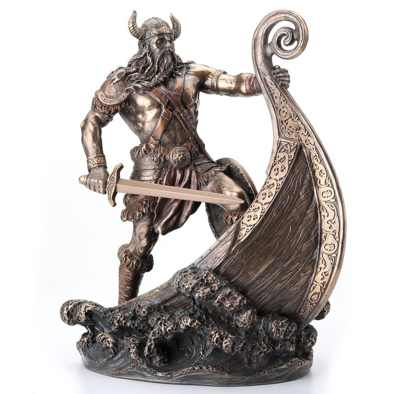 9.45 In H Viking Warrior Standing On Prow Figurine Poly Resin