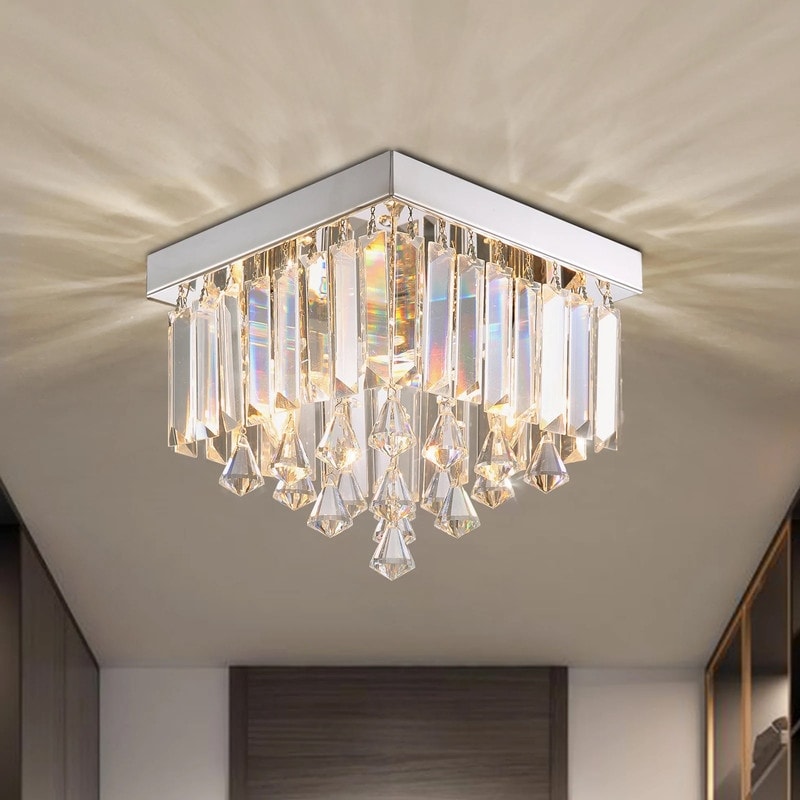9.8Inch Modern Crystal Flush Mount Ceiling Light Square Low Profile Small Chandelier Fixture For Hallway