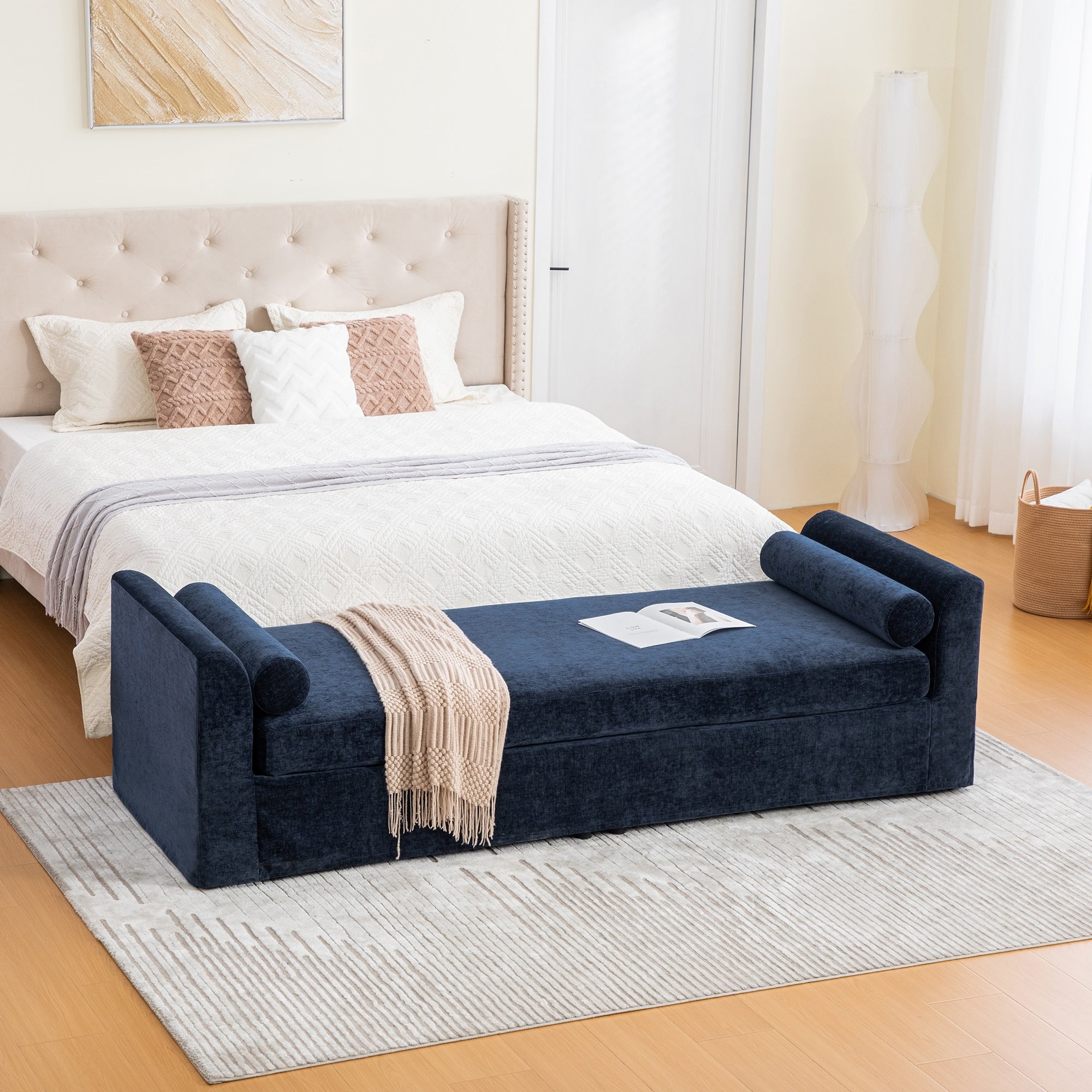 90.55 Wide Modern Bench Window Side Bench With Armrests Chenille Chaise Lounge Couch With 2 Bolster Pillows