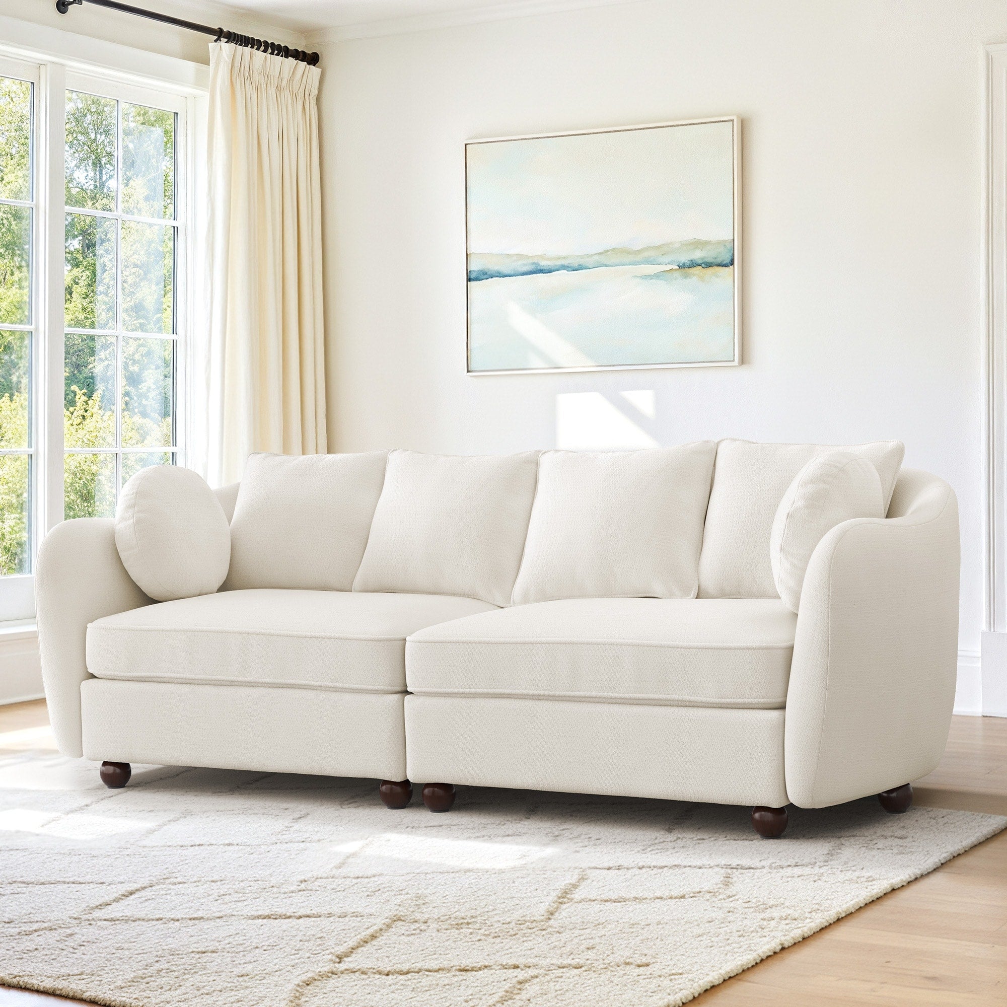 90.6 Chenille Upholstered Sofa With 6 Pillows Modern 3 Seater Sofa Couch For Living Room Bedroom Apartment White