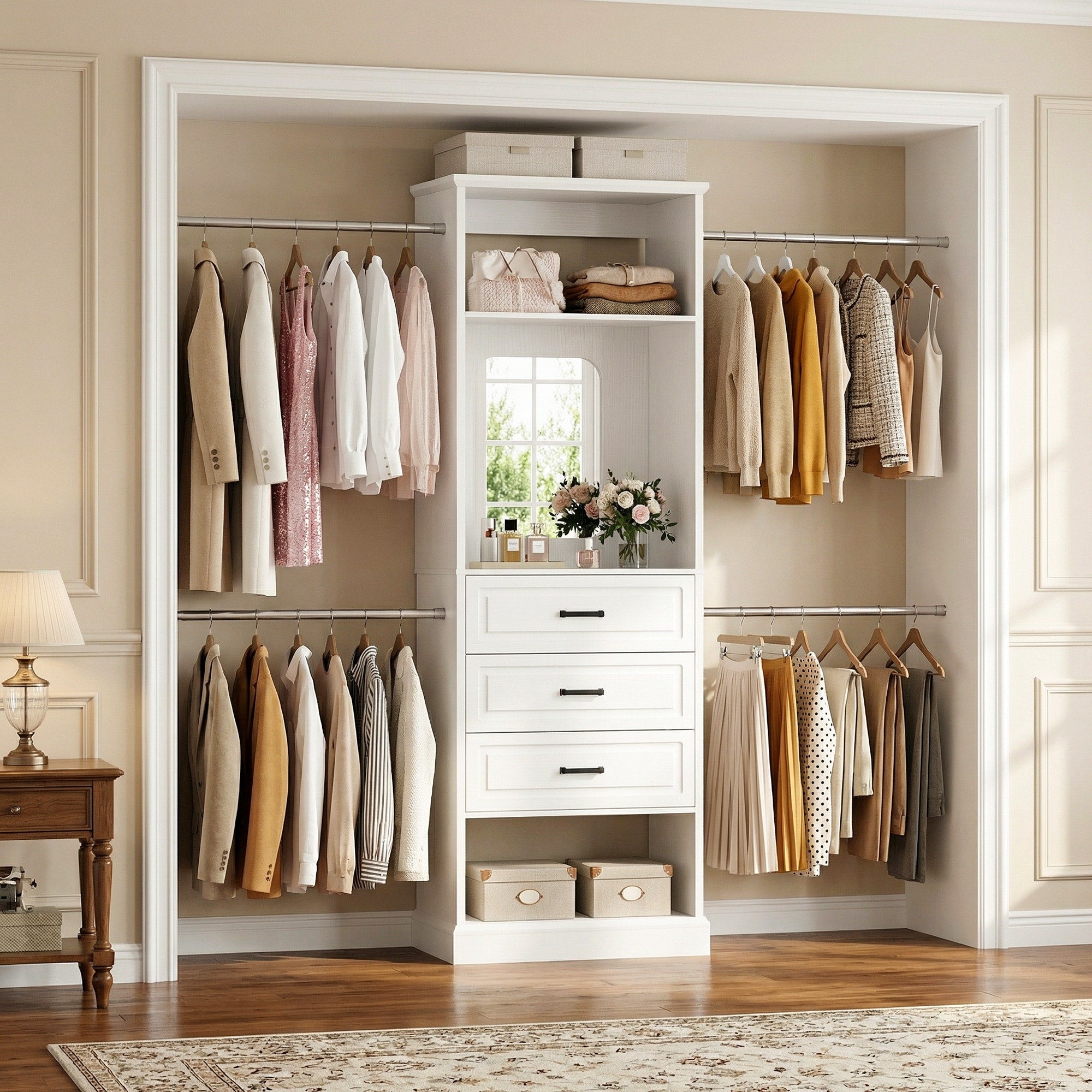 90 W Closet System With Extendable Hanging Rods Mirror Walk In Closet Organizer System Starter Kit With Drawers