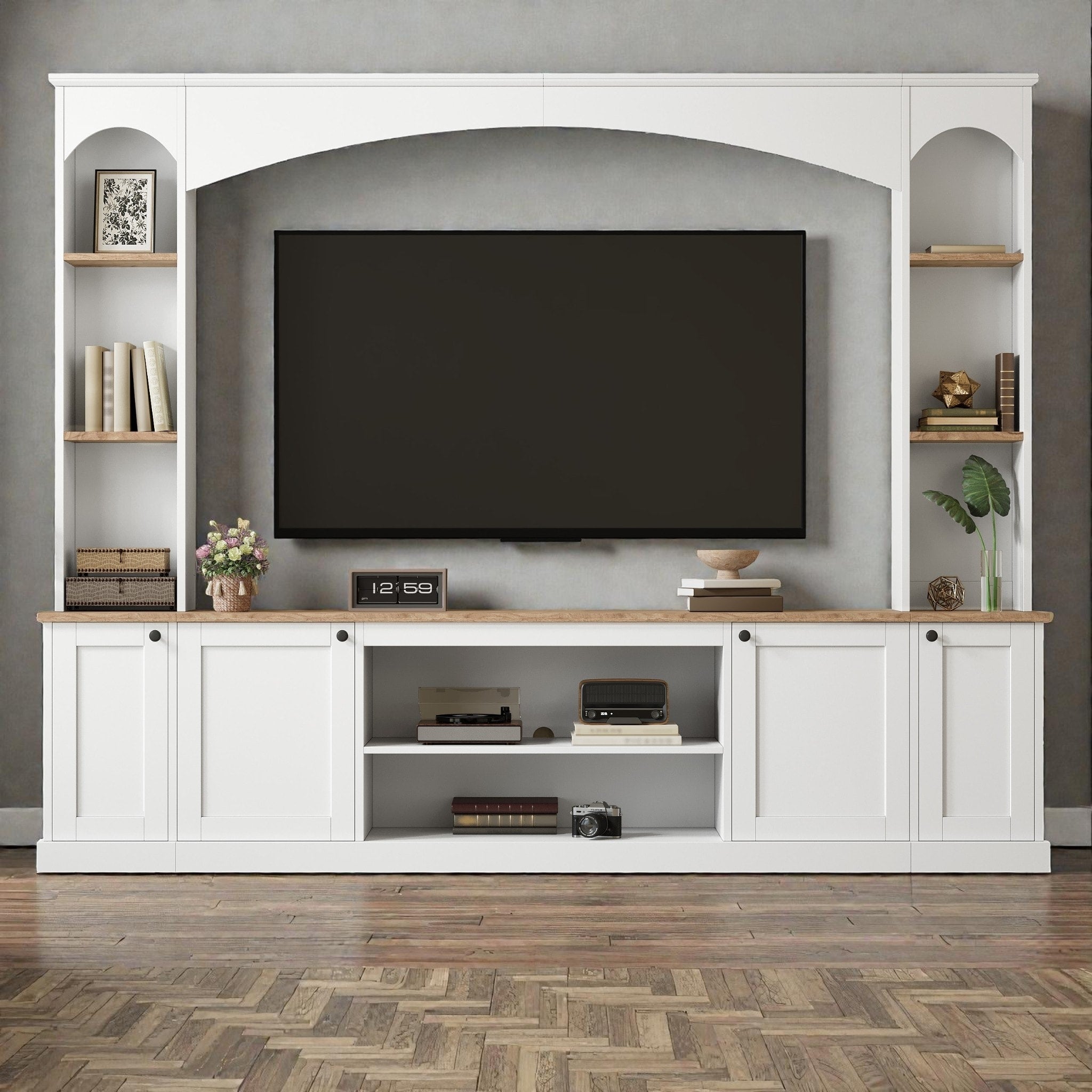 91 Farmhouse Entertainment Center With Arched Bookshelves Large Tv Stand For Tvs Up To 70 Media Console