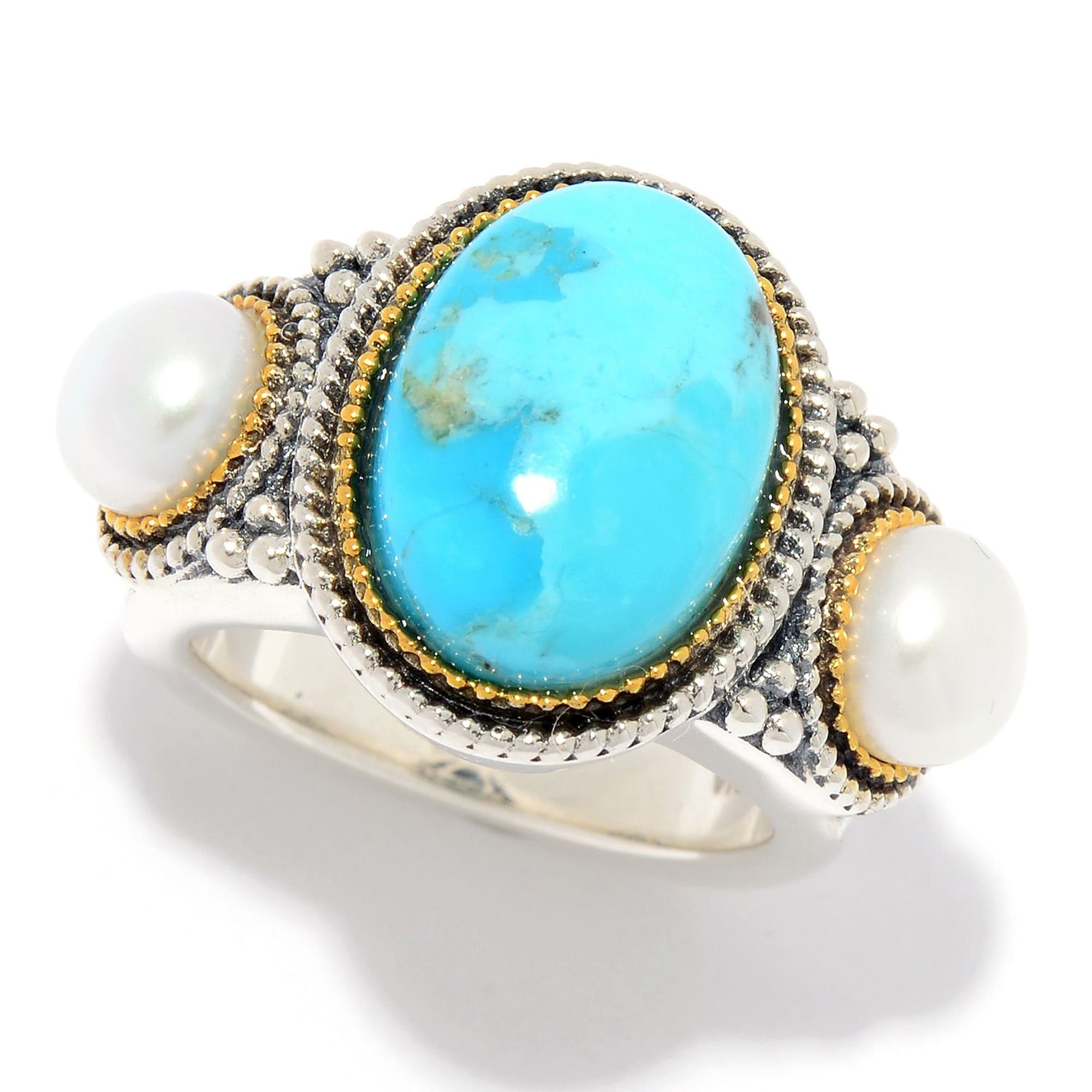 925 Sterling Silver Fresh Water Pearl And Blue Mohave Turquoise Ring