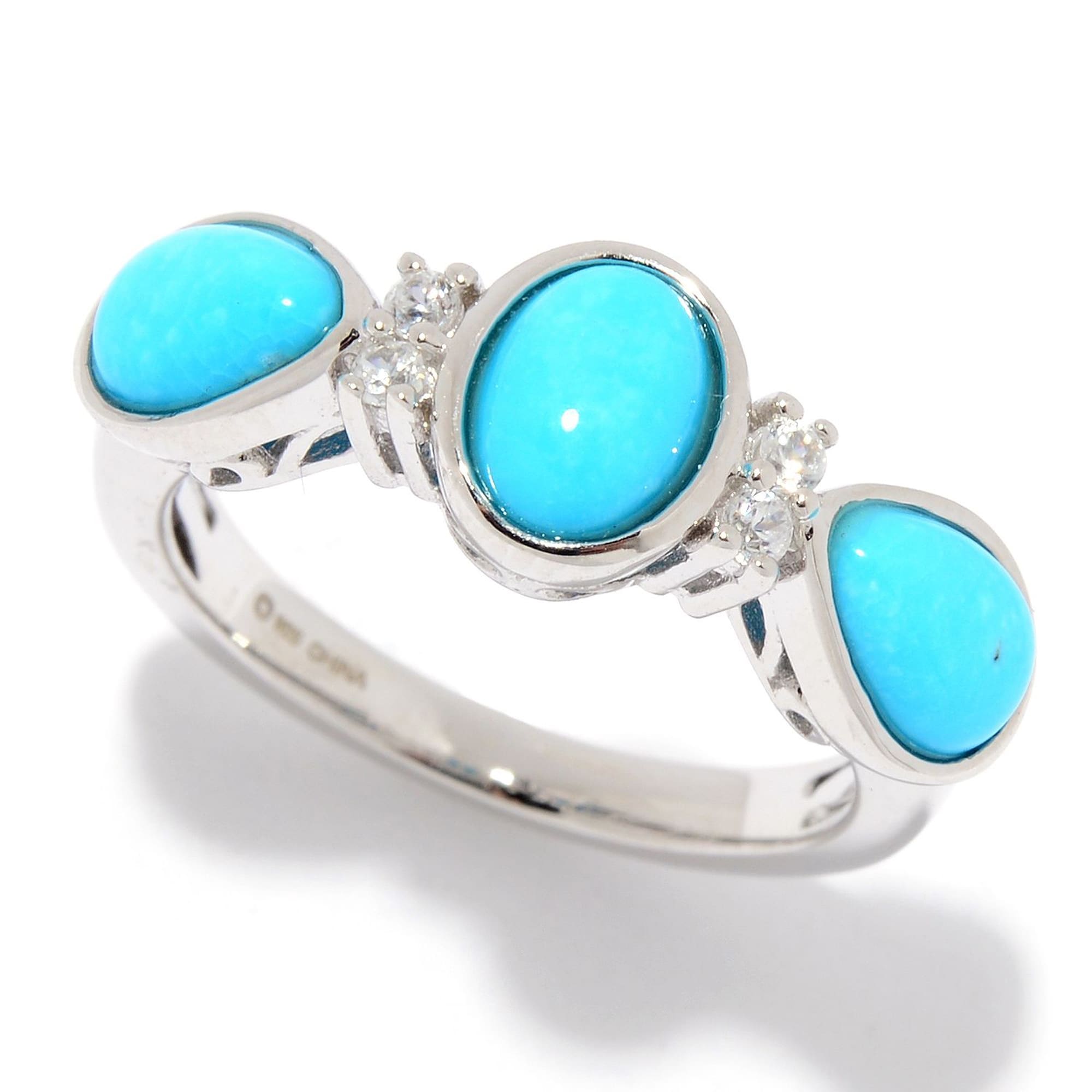 925 Sterling Silver Kingman Turquoise And White Natural Zircon Ring