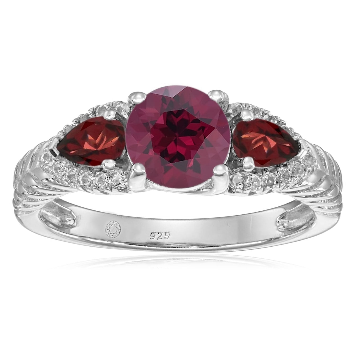 925 Sterling Silver Red Garnet Rhodolite Garnet White Topaz Ring