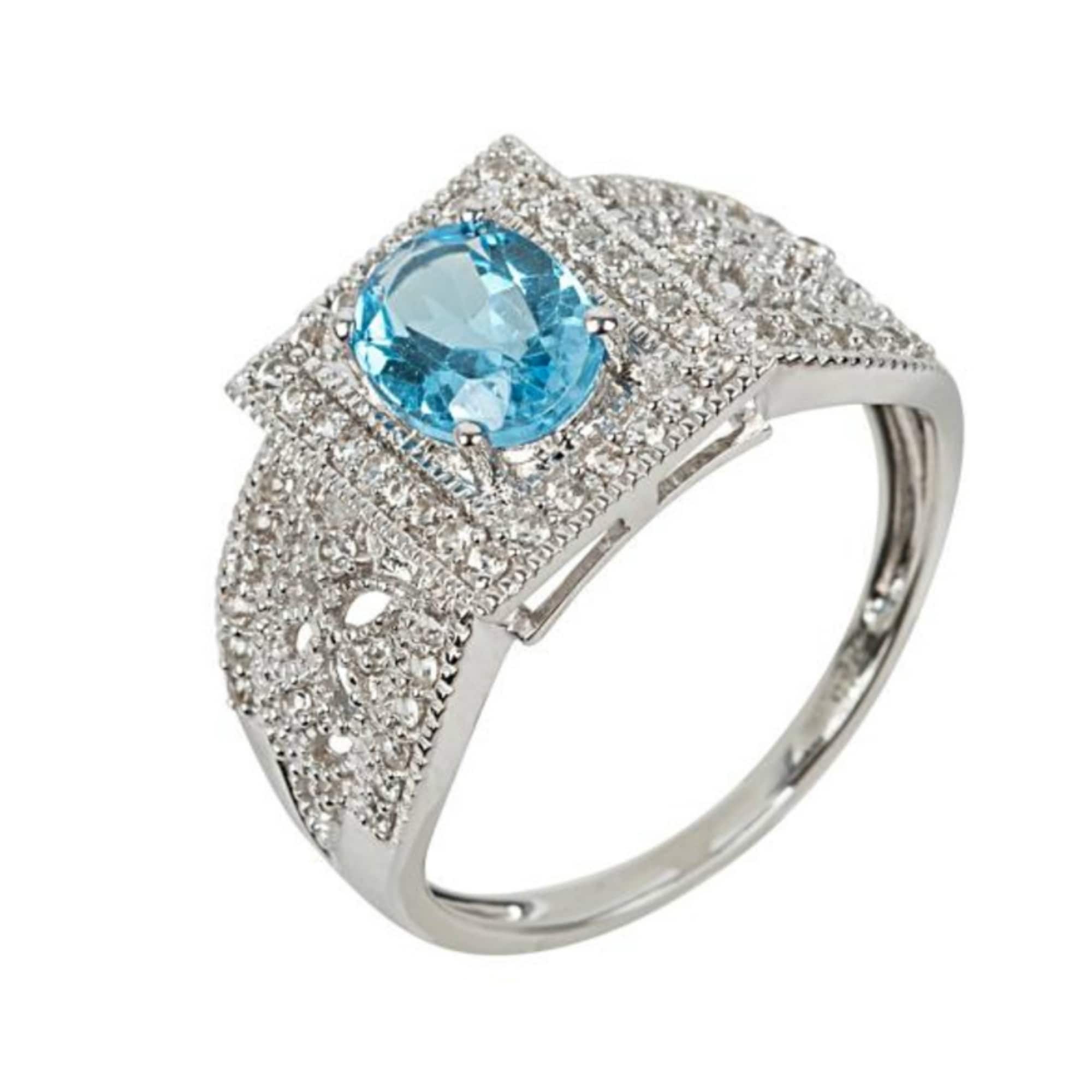 925 Sterling Silver Swiss Blue Topaz And White Natural Zircon Ring