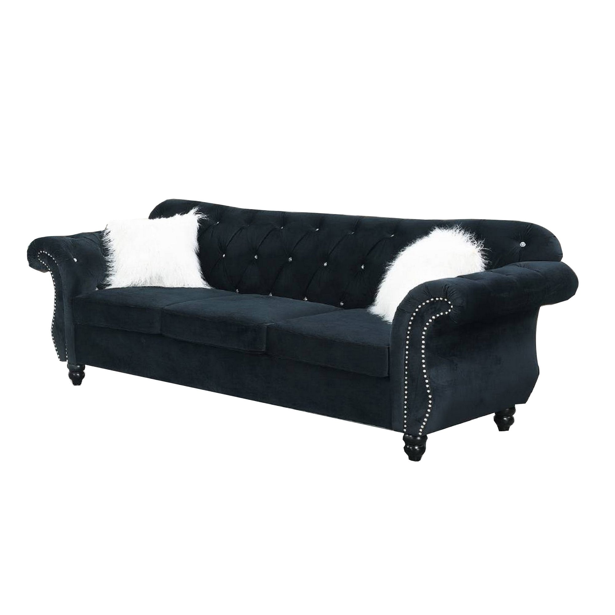 93 Inches Nailhead Trim Velvet Sofa With Crystal Tufting Black
