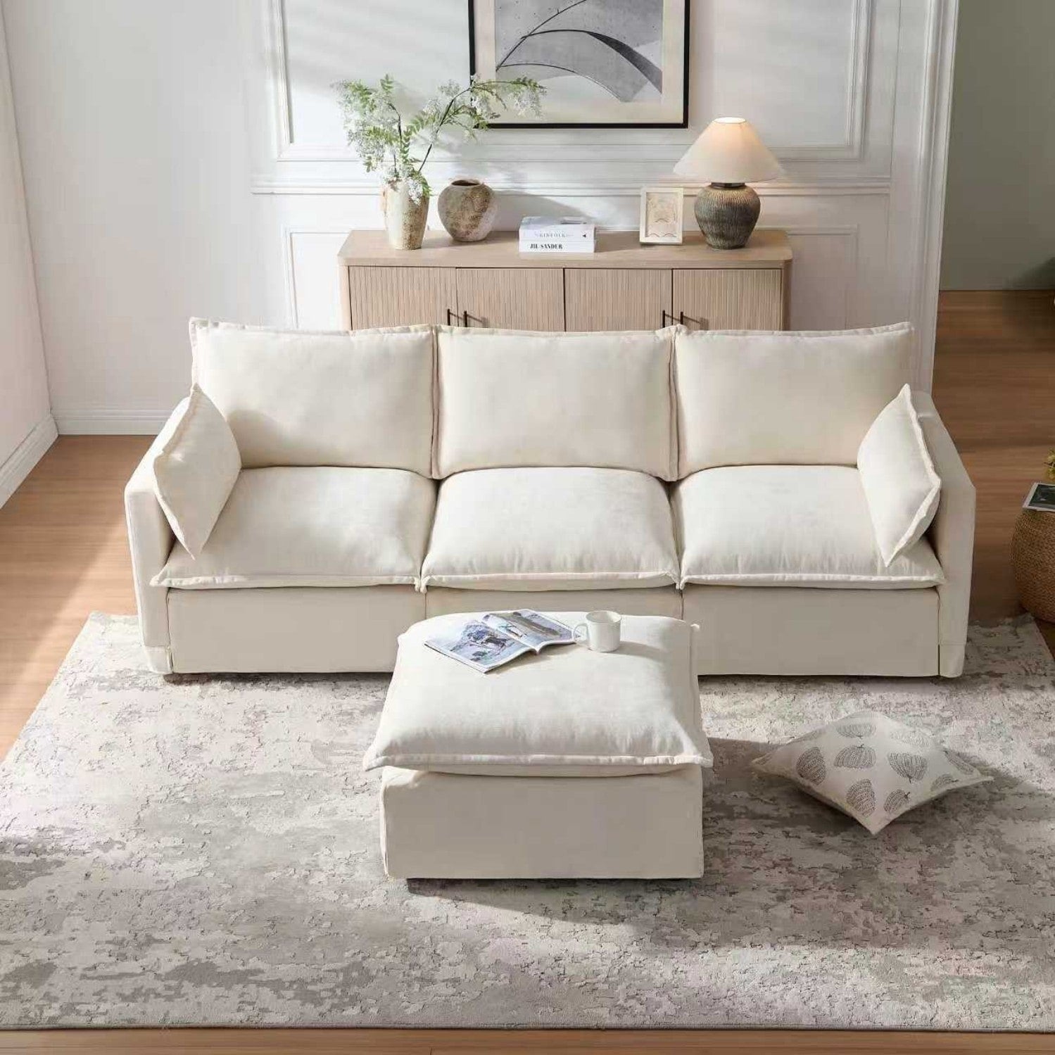 93.31 Modern L Shaped Sectional Sofa With Movable Ottoman