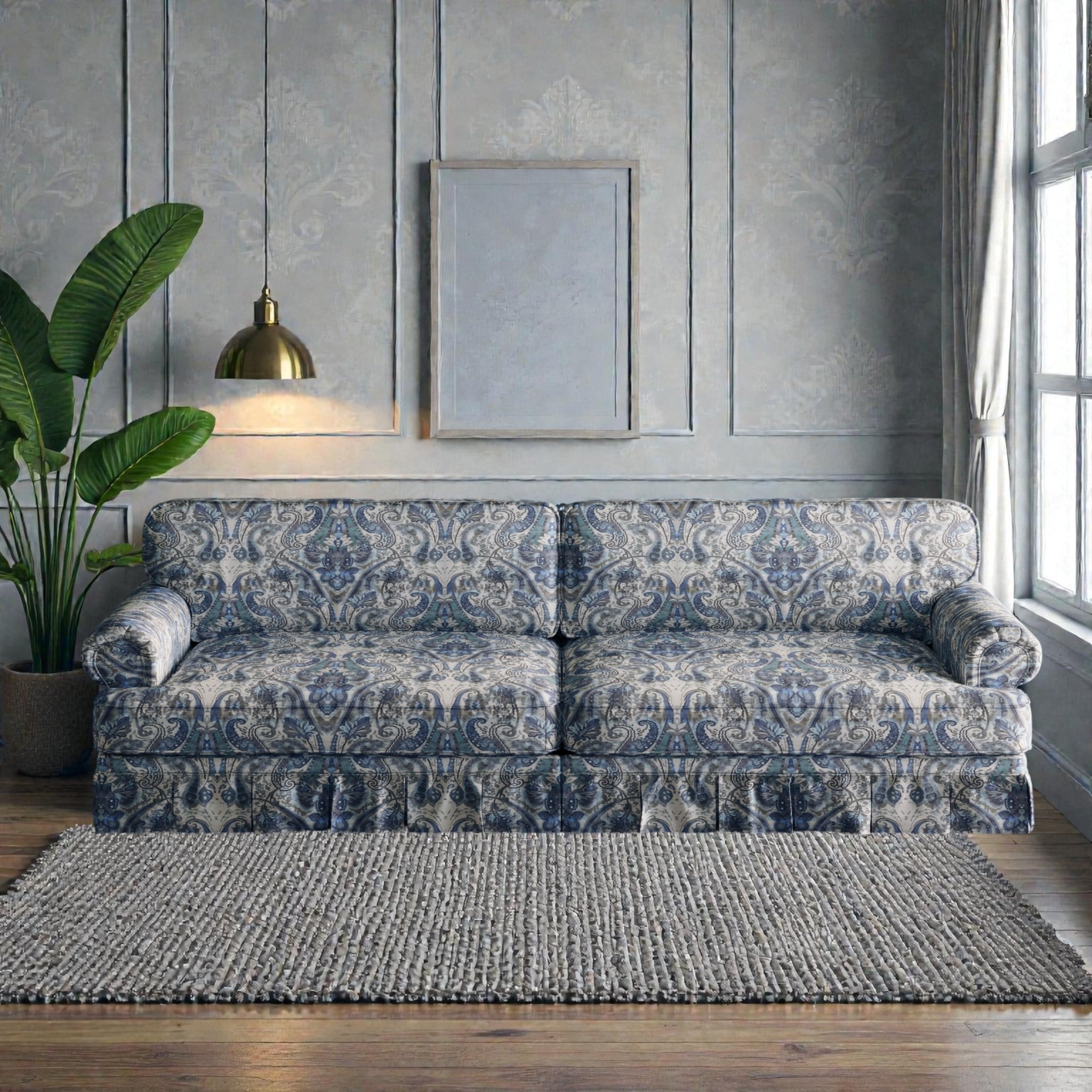 93.7 Luxury 4 Seater Cloud Couch With Extra Deep Seat Fabric Sofa With Rolled Arms And Pleated Skirt