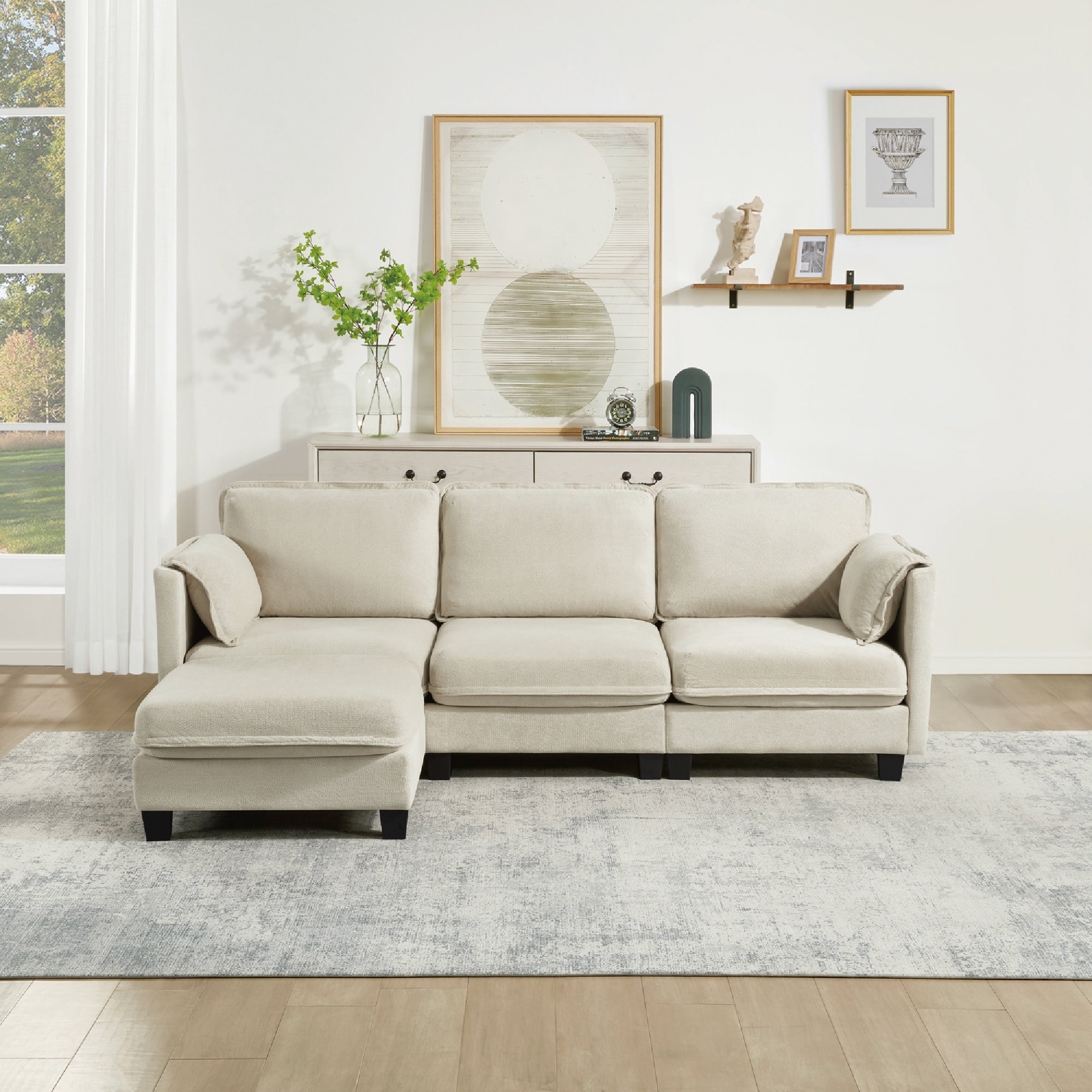 93 L Shaped Sofa With Cotton Linen Brushed Fabric Detachable Storage Armrest Cushion 3 Seater For Living Room