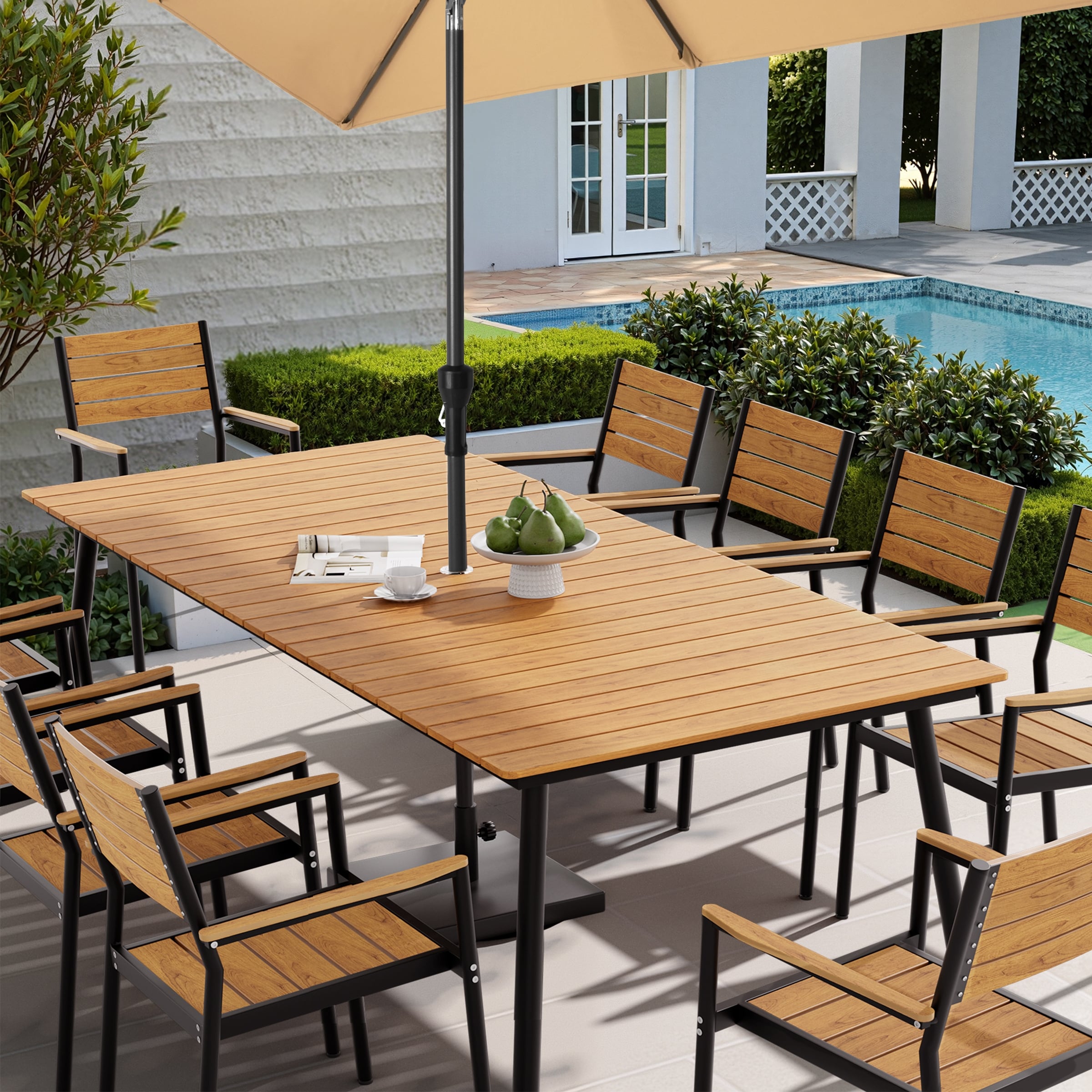 94.5In Outdoor Patio Rectangle Aluminum Wood Like Dining Table With Umbrella Hole