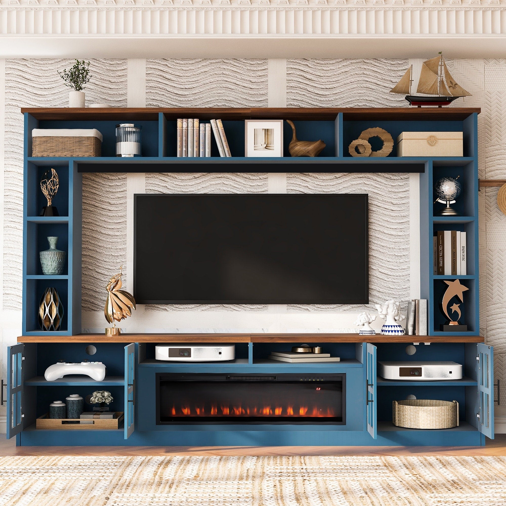 95.5 Entertainment Center With Electric Fireplace Large Wall Unit Tv Stand Media Console With Bookshelves For Tvs Up To 80