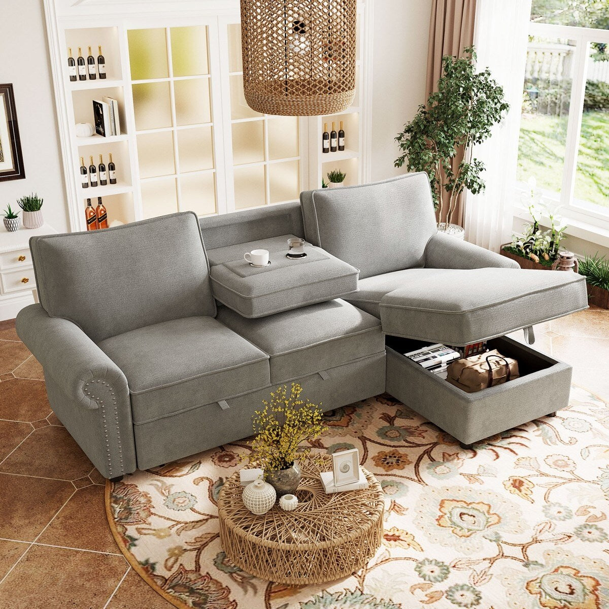 95 Convertible Sectional Sofa With Storage Chaise And Pull Down Backrest