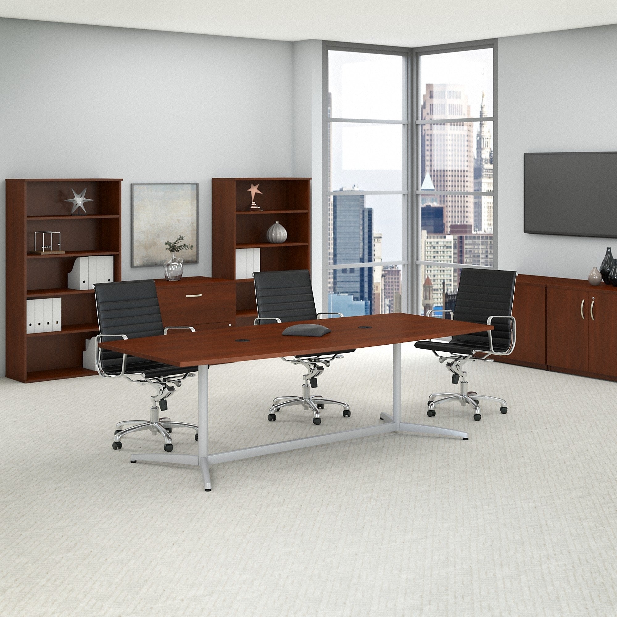 96W X 42D Boat Shaped Conference Table With Metal Base In Cherry