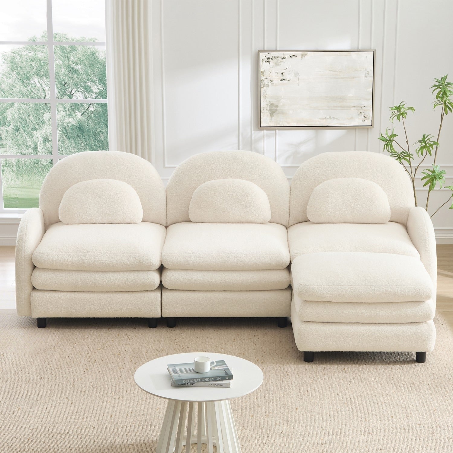 98.2 Teddy Fabric Sectional Sofa With Curved Pillows And Ottoman
