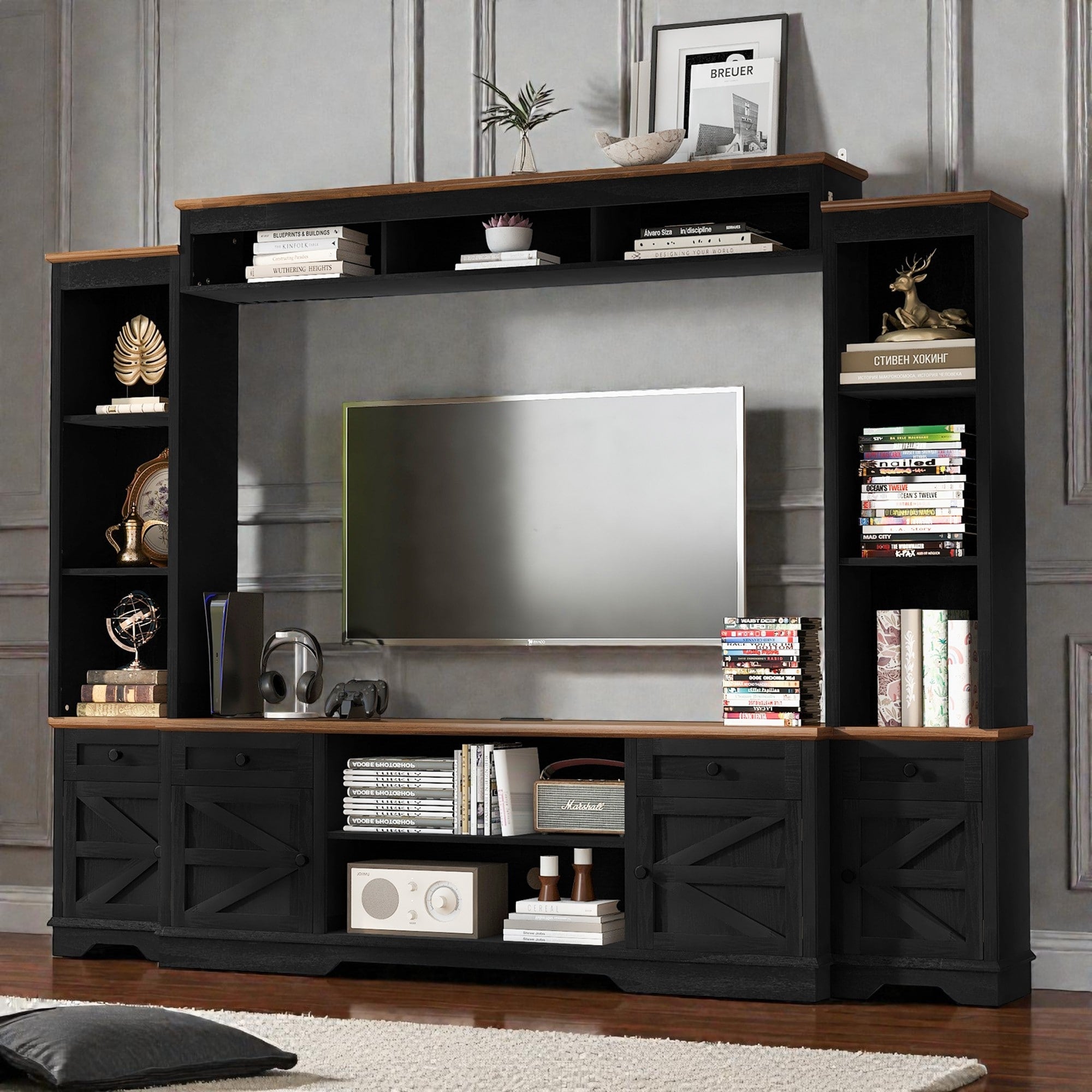 98.7 Farmhouse Wall Unit Entertainment Center With Barn Doors Tv Stand With Storage For Tvs Up To 75