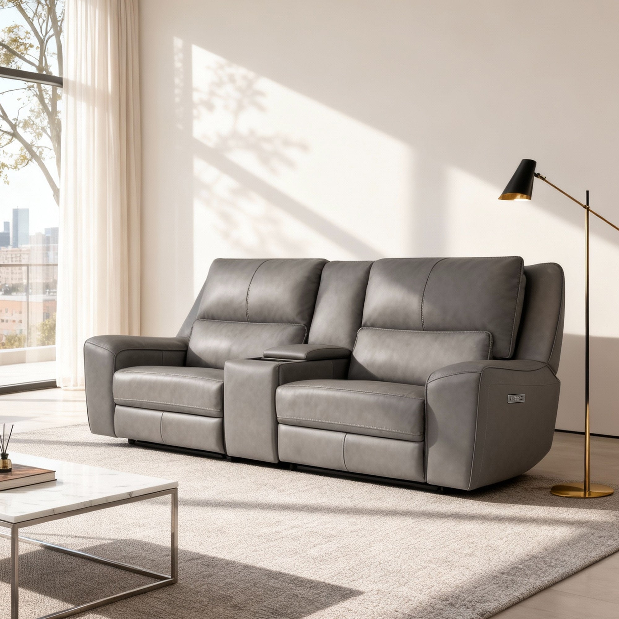 98W Top Grain Leather Triple Power Recliner Loveseat Sofa With Power Headrest Pop Out Cup Holders