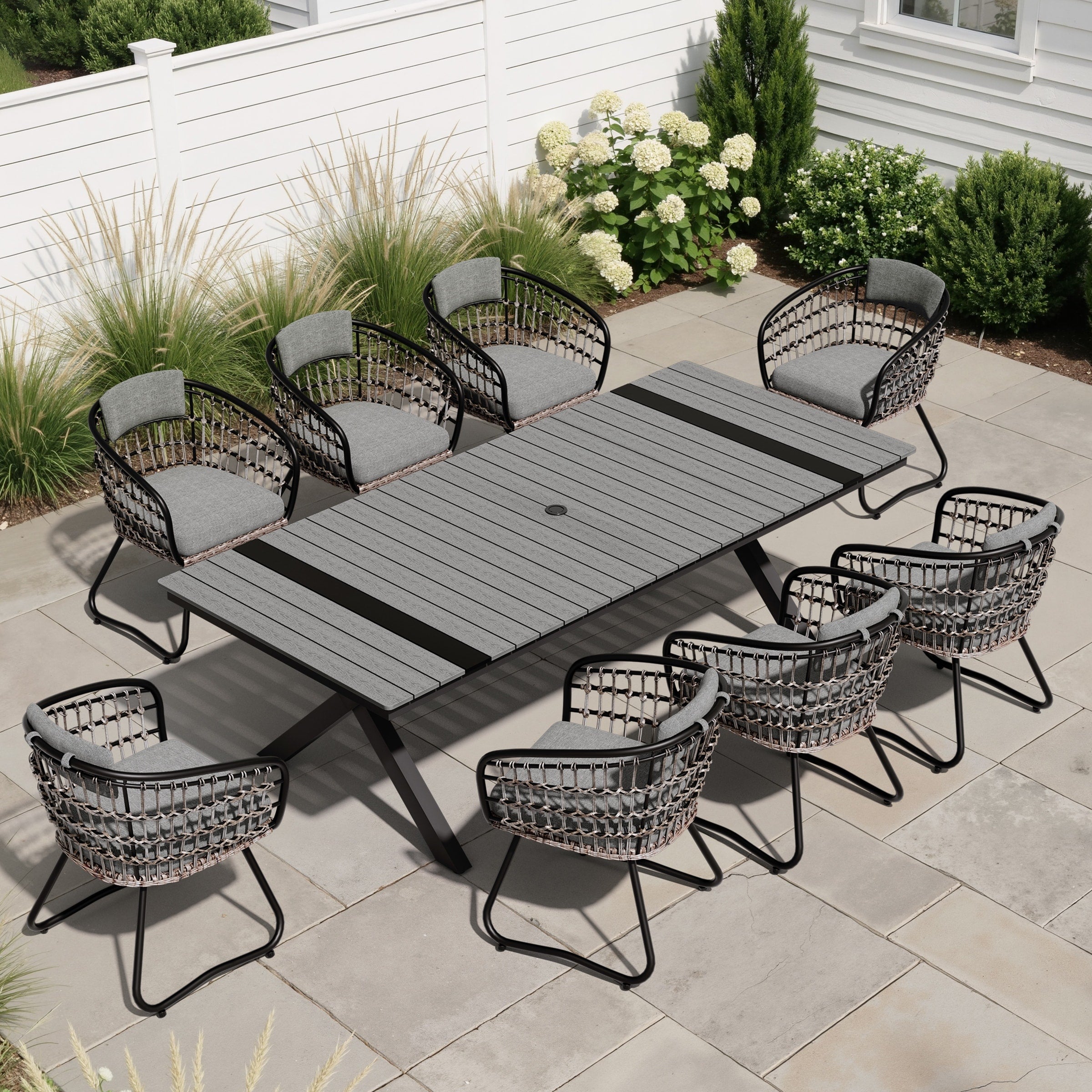 9Pc Outdoor Patio Aluminum Dining X Frame Table And Rattan Chairs Set With Umbrella Hole