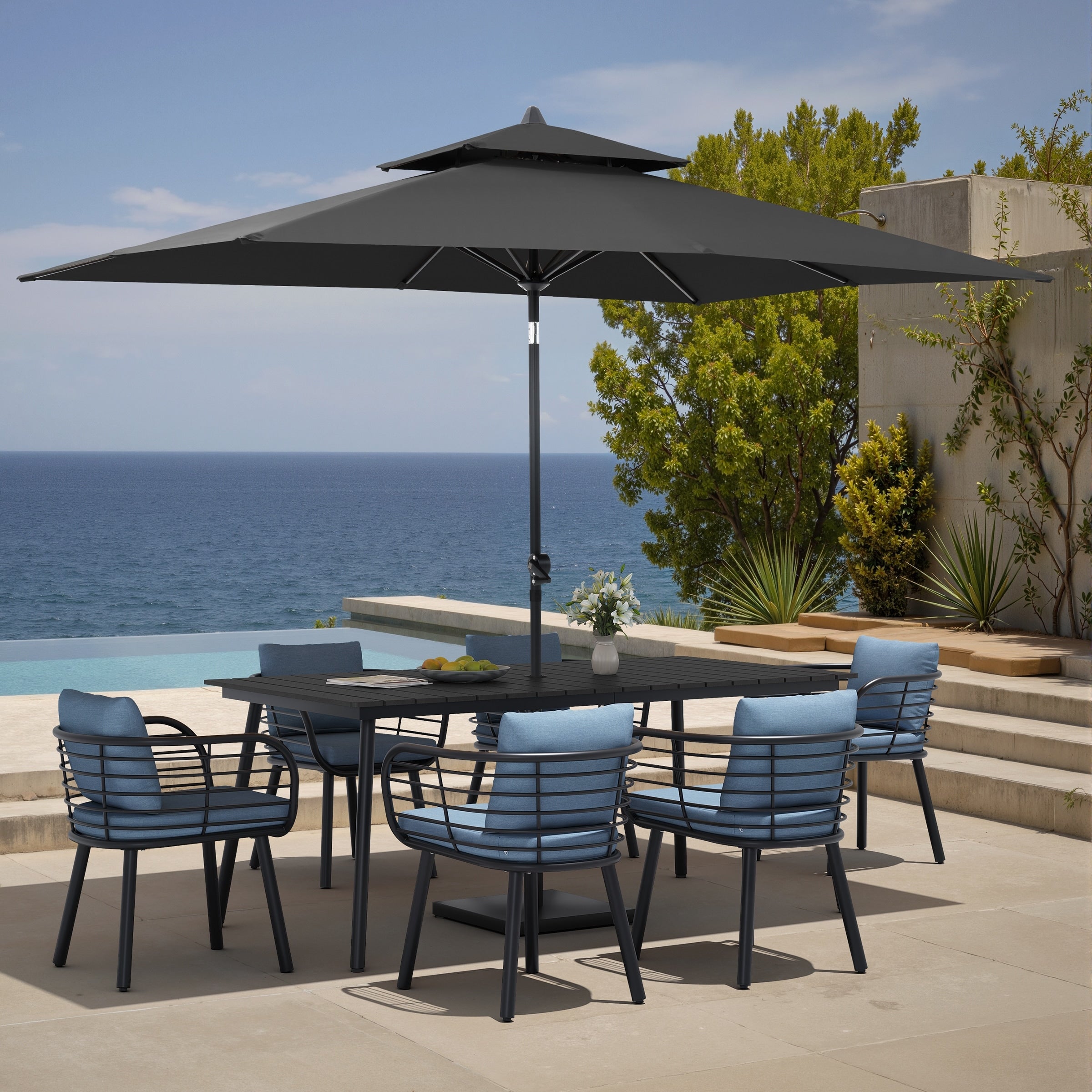 9Pc Outdoor Patio Dining Set Aluminum Table With Sunbrella Cushion Chairs W Market Umbrella Sets