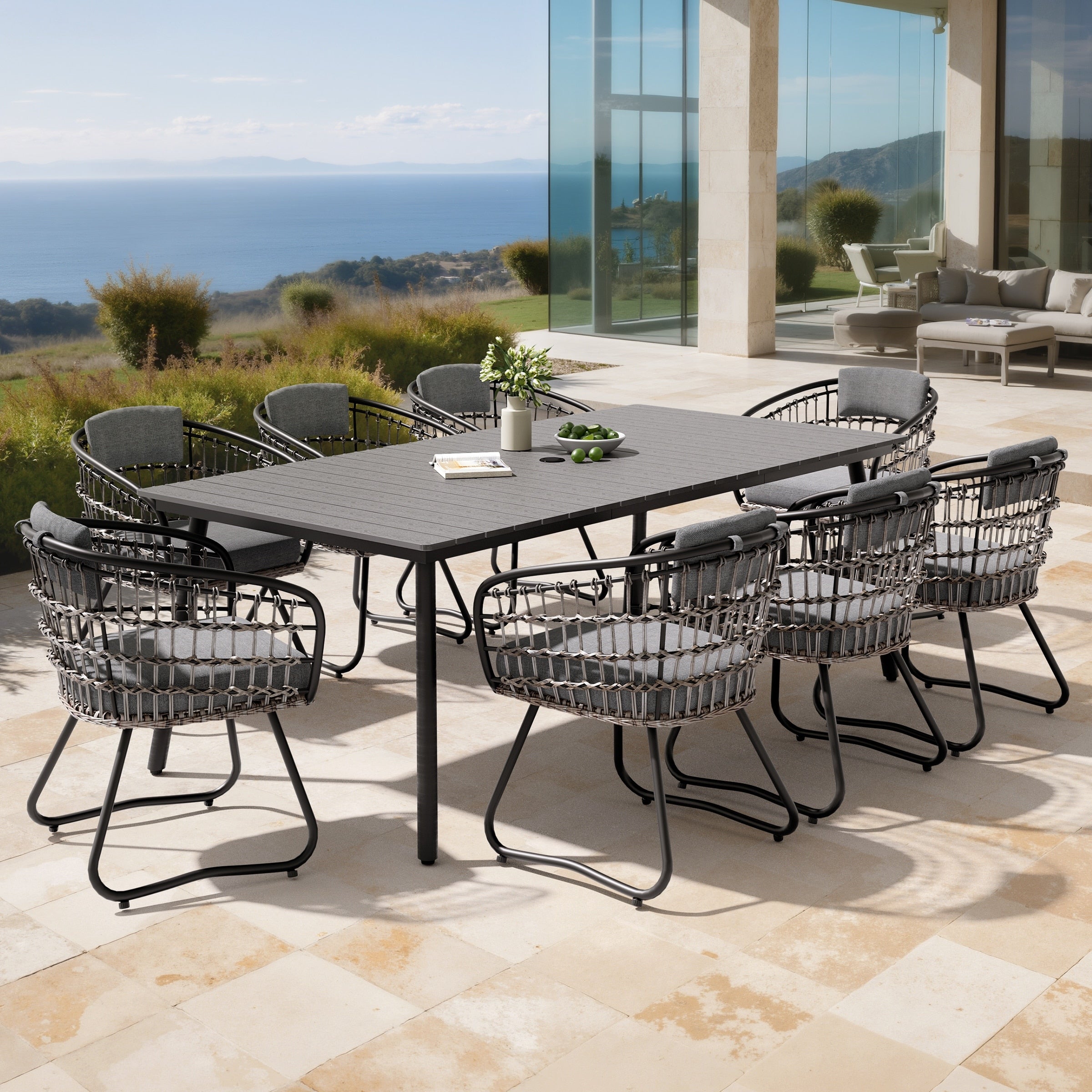 9Pc Outdoor Patio Dining Set Aluminum Umbrella Hole Table With Rattan Chairs