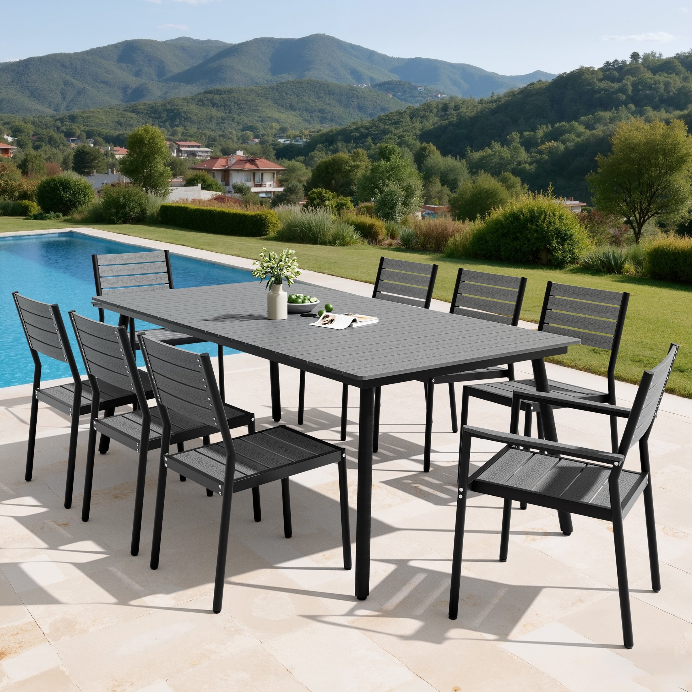 9Pc Outdoor Patio Dining Set Aluminum Umbrella Hole Table With Stackable Chairs