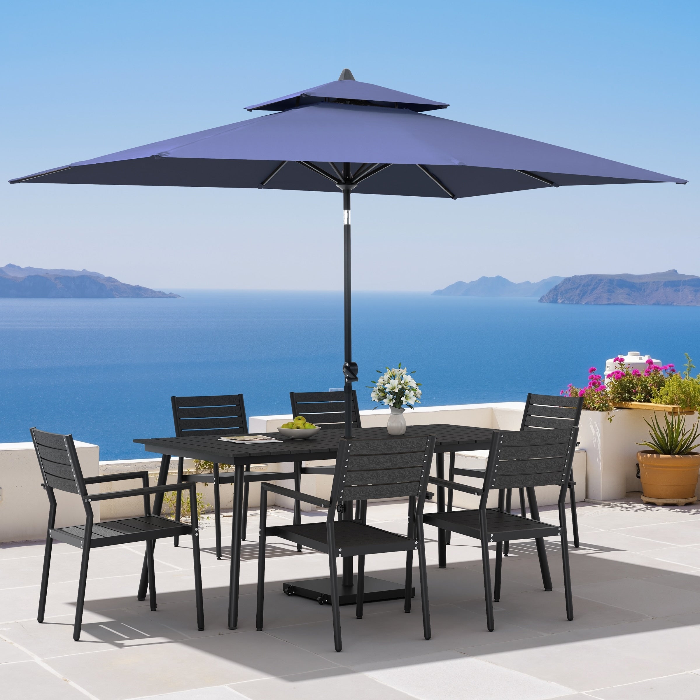 9Pc Outdoor Patio Dining Set Wood Like Aluminum Table With Stackable Armchairs Double Top Market Umbrella And Wheel Base