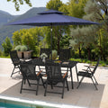 9Pc Outdoor Patio Dining Set Wood Like Aluminum Umbrella Hole Table With Folding Chairs Double Top Market Umbrella And Base