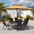 9Pc Outdoor Patio Dining Set Woodlike Aluminum Umbrella Hole Table With Folding Chairs Double Top Market Umbrella And Wheel Base
