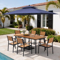 9Pc Outdoor Patio Dining Set Wood Like Aluminum Umbrella Hole Table With Stackable Armchairs Double Top Market Umbrella And Base