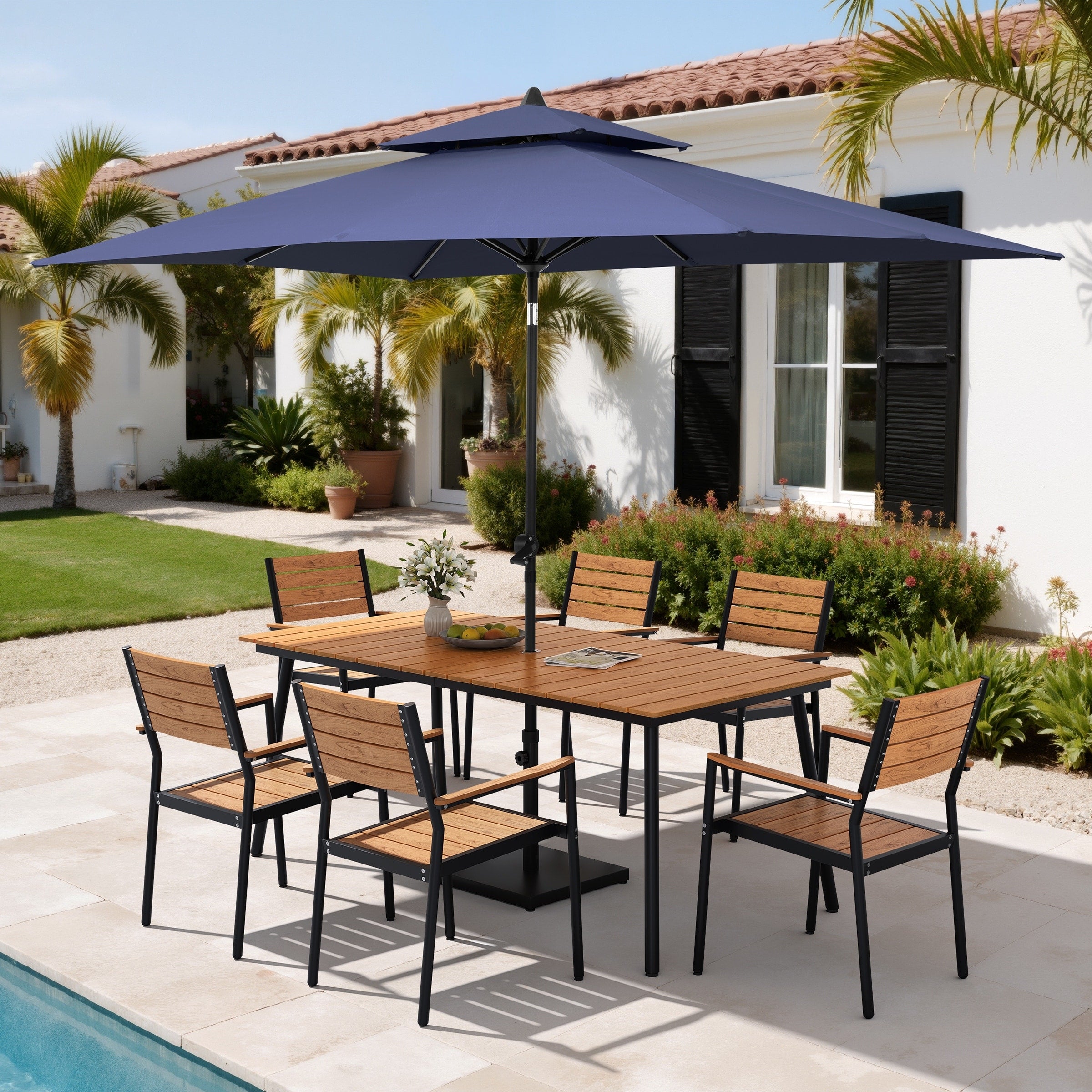 9Pc Outdoor Patio Dining Set Wood Like Aluminum Umbrella Hole Table With Stackable Armchairs Double Top Market Umbrella And Base